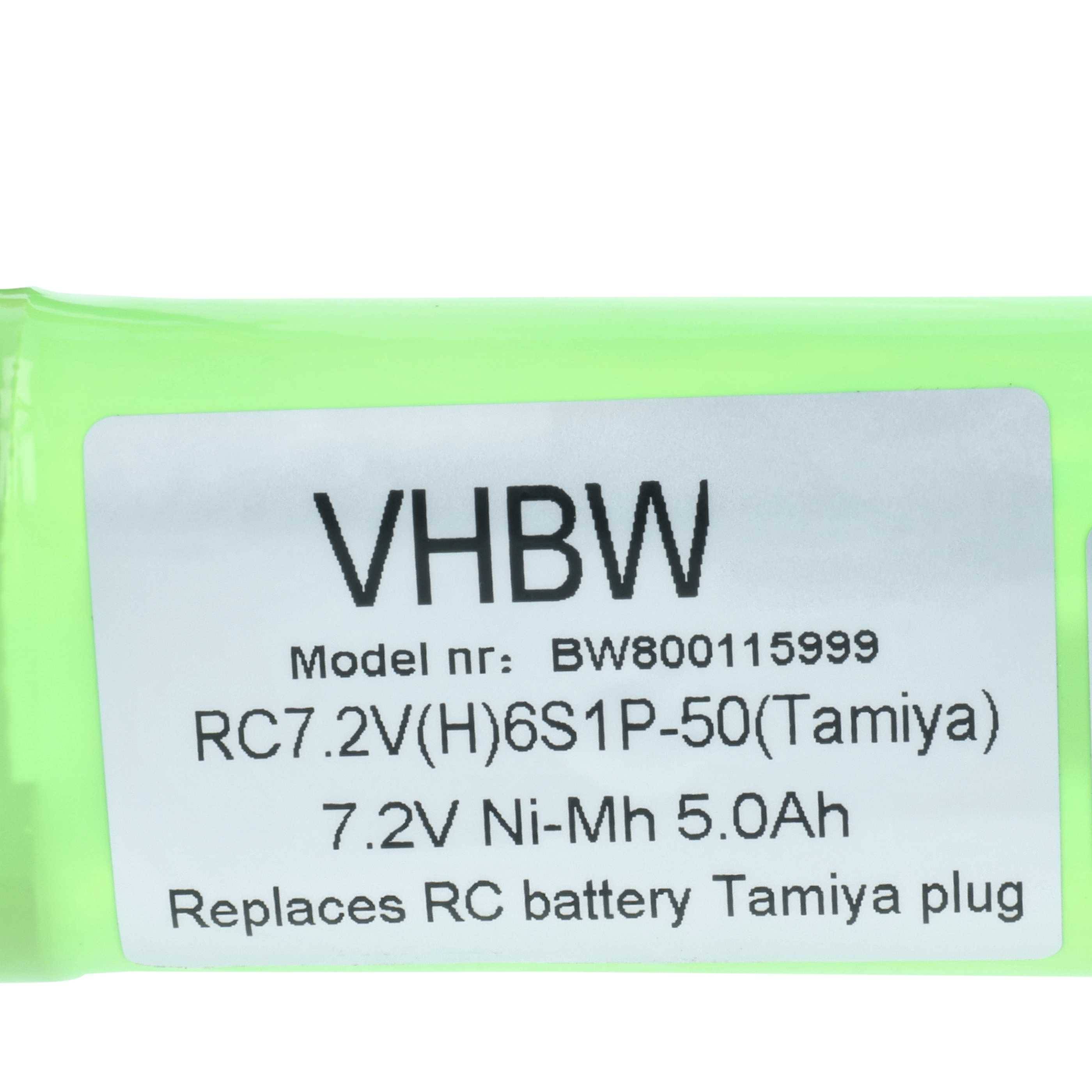 Eine grüne Batterie mit Aufschrift 'VHBW Modell-Nr.: BW800115999, RC7.2V(6S1P-5.0Ah) 7.2V Ni-Mh Batterie Tamiya-Stecker, Ersetzt RC-Batterie 7.2V'.