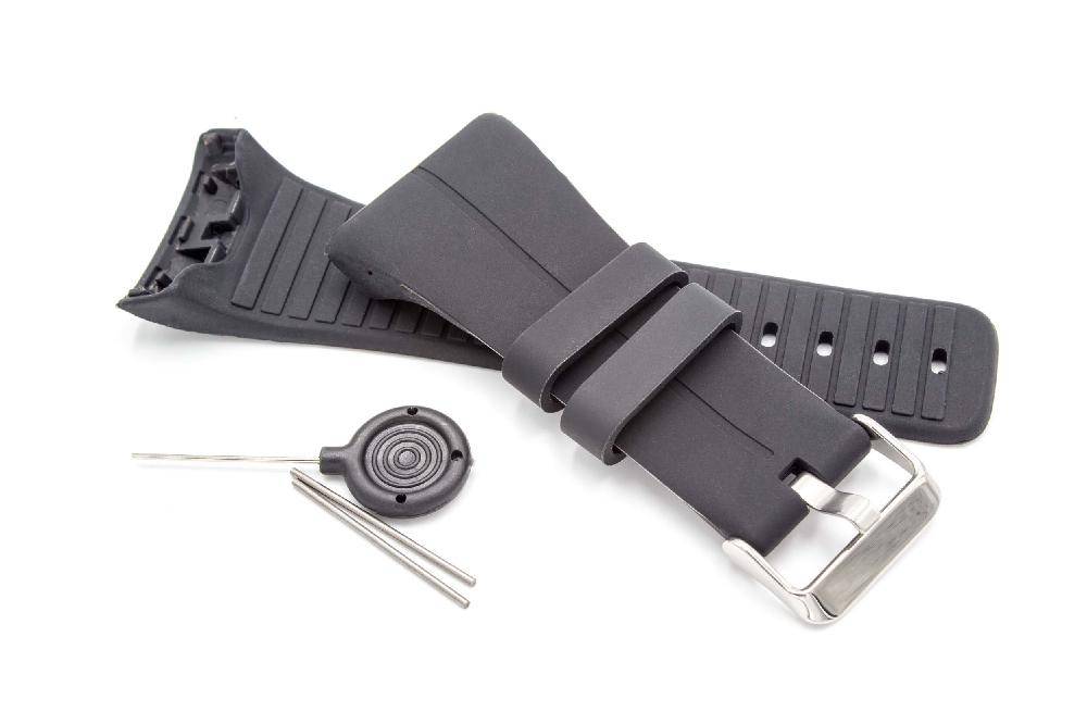 Graues Gummi-Uhrenarmband mit Metallschließe, zwei Ersatz-Federstege, schwarzes rundes Werkzeug und Stiftdrücker zur Uhrenreparatur.