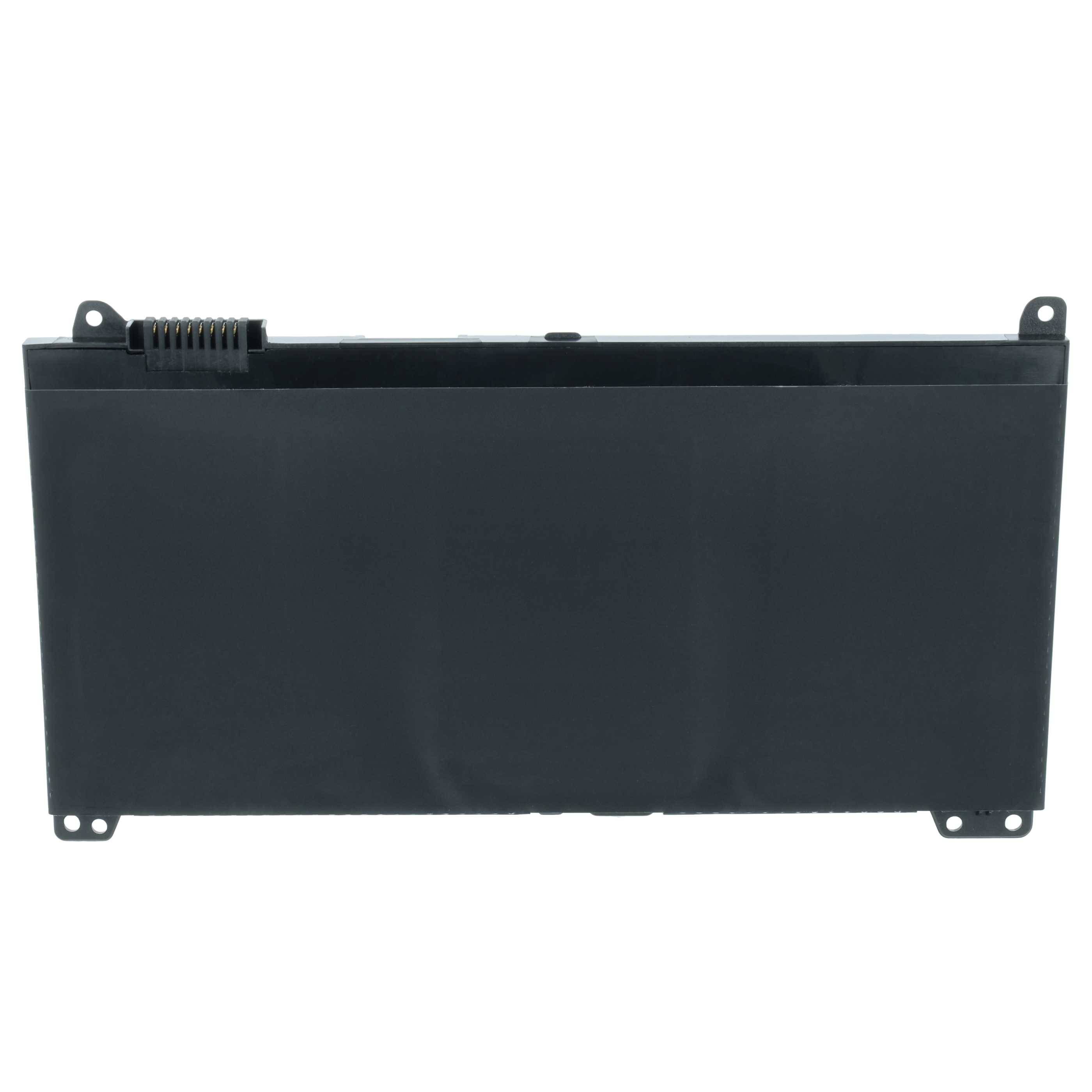 Ein rechteckiges, schlankes schwarzes Batteriepaket mit glatter Oberfläche und kleinen Kerben an den Ecken.