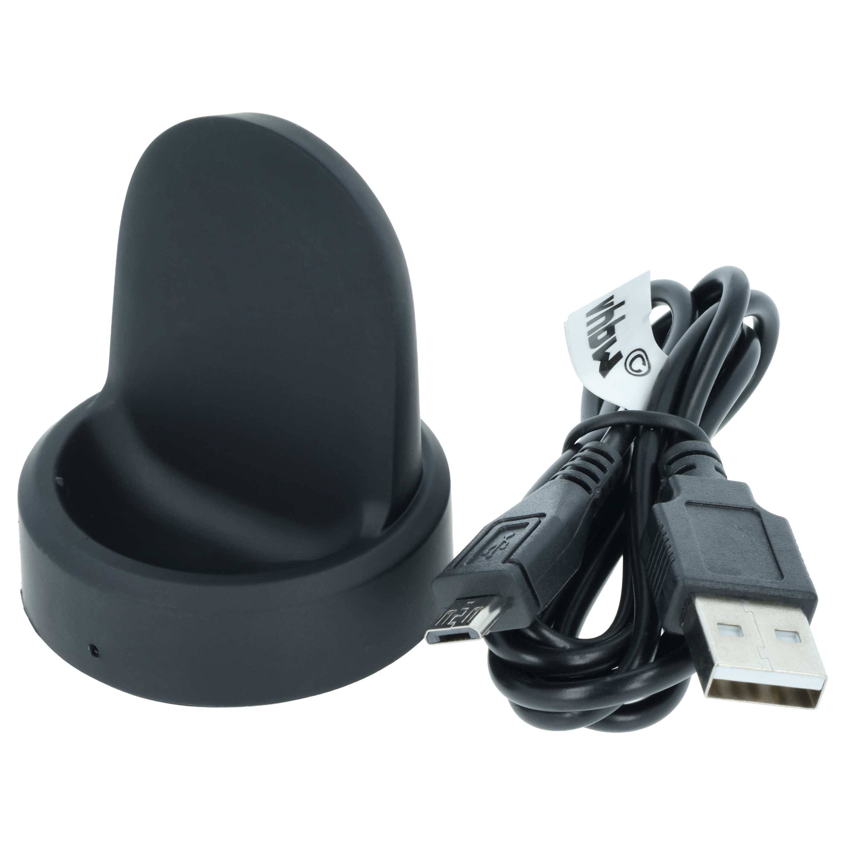 Schwarzes Ladegerät mit aufgewickeltem USB-Kabel, auf weißem Hintergrund dargestellt.