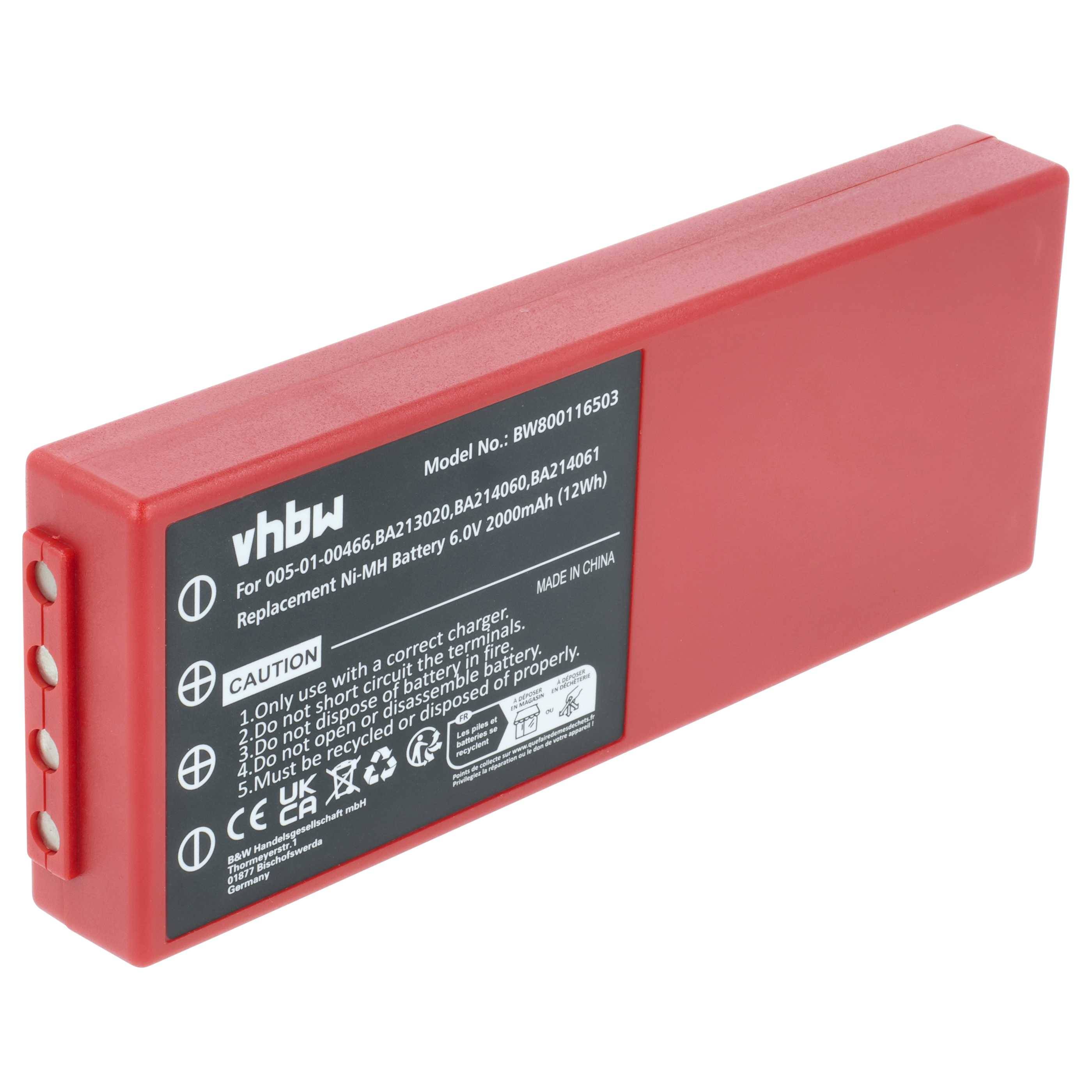 Rote rechteckige Batterie mit Etikett: 'Ersatz-Ni-MH-Batterie 6V 2000mAh (12Wh)'. Enthält Warnhinweissymbole und -text.