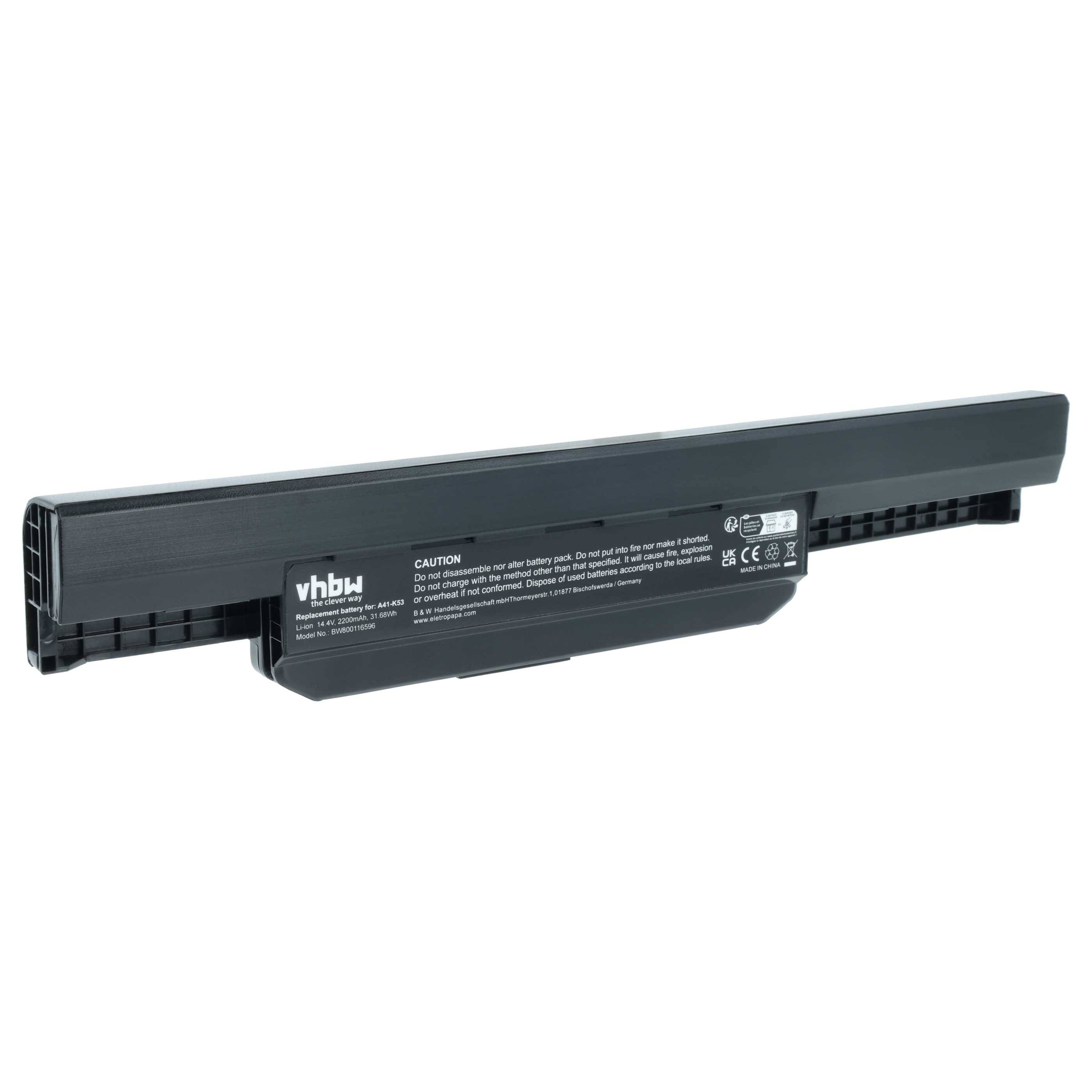 vhbw Akku kompatibel mit Asus K43J, K43F, K43E, K43BY, K43U, K43SV, K43SJ, K43S, K53, K53BR, K53B Notebook (2200 mAh, 14,4 V, Li-Ion)