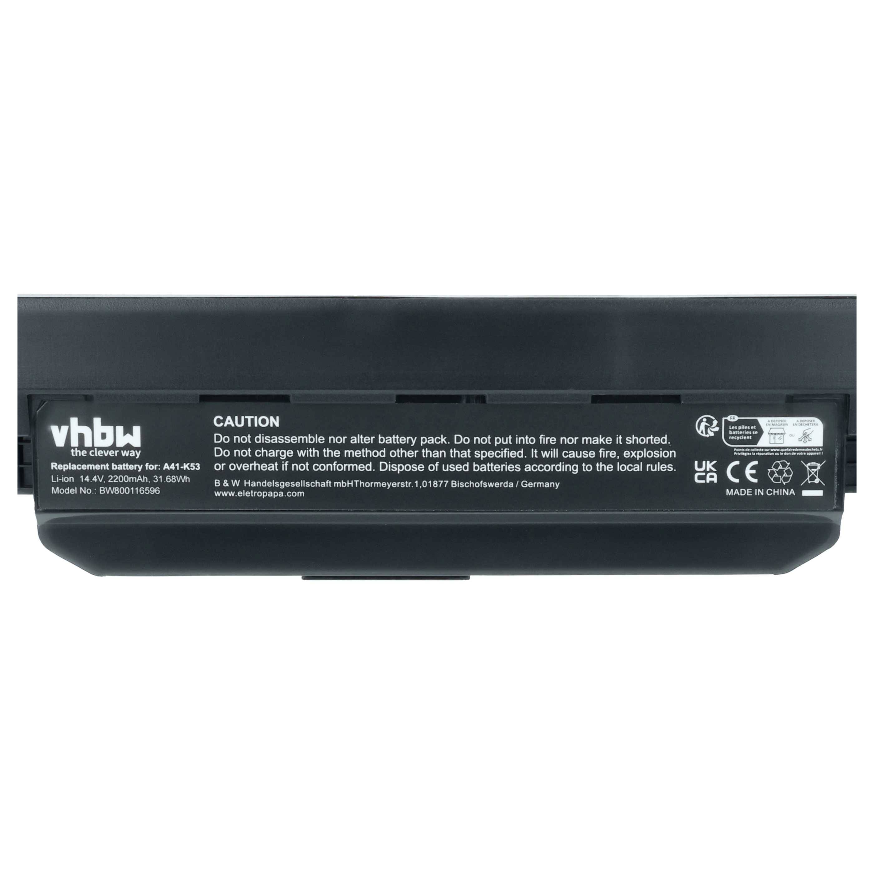 vhbw Akku kompatibel mit Asus K43J, K43F, K43E, K43BY, K43U, K43SV, K43SJ, K43S, K53, K53BR, K53B Notebook (2200 mAh, 14,4 V, Li-Ion)