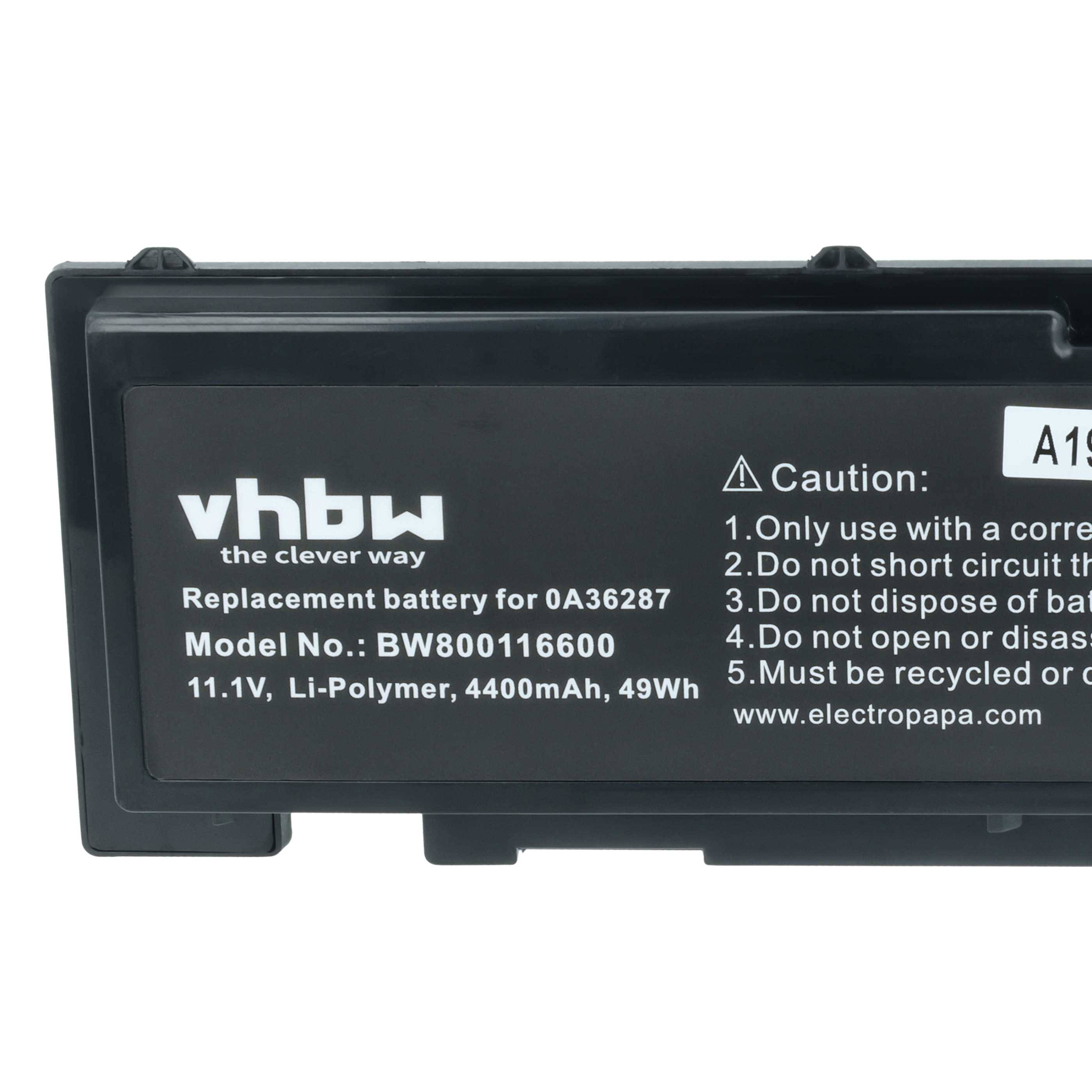 Eine schwarze rechteckige vhbw Li-Polymer-Batterie mit Etikett, das Modell: BW800116600, 11,1V, 4400mAh, 49Wh sowie Nutzungshinweise zeigt.