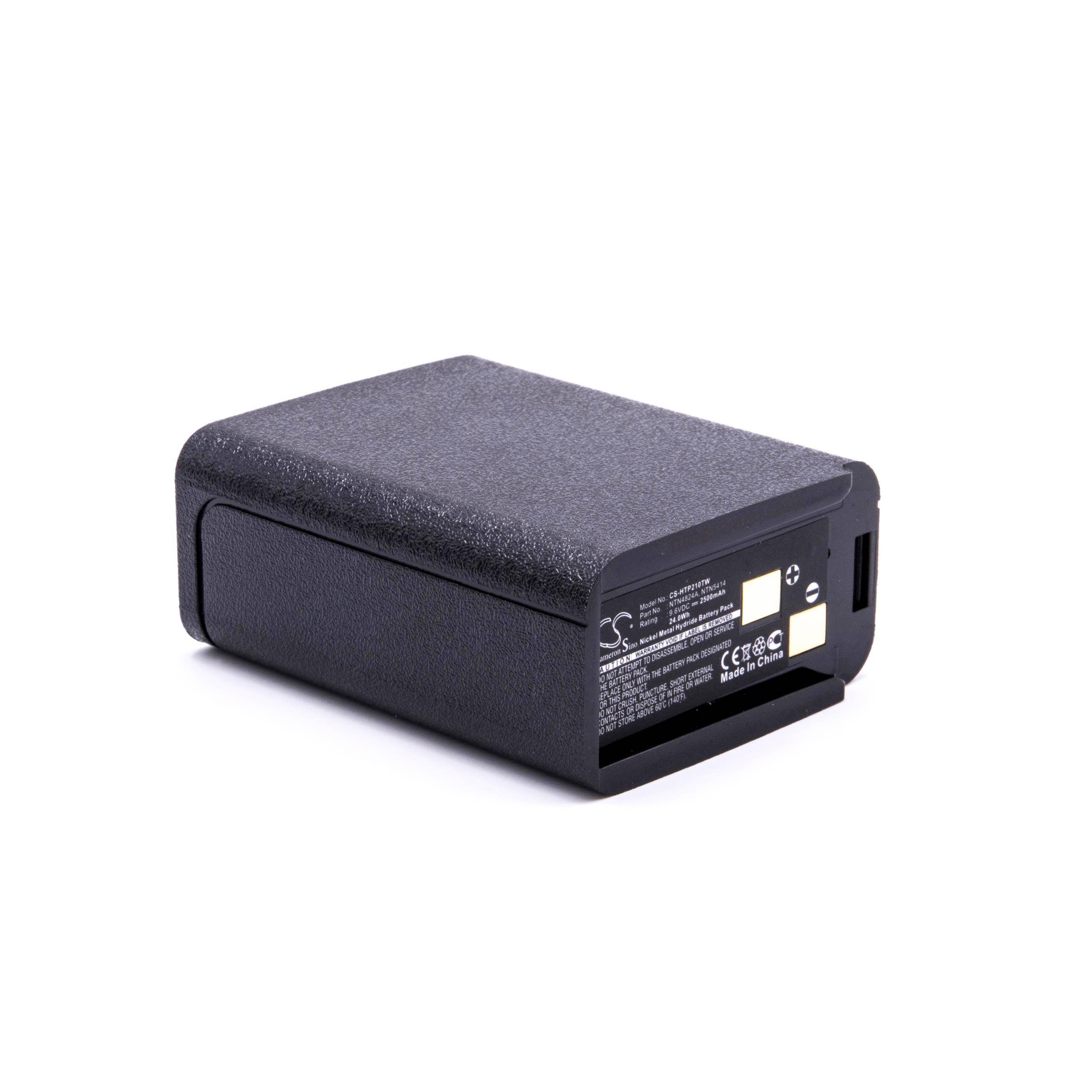 Ein schwarzes rechteckiges elektronisches Gerät, das einem Akkupack ähnelt und auf einer Seite ein Etikett mit technischen Symbolen und Spezifikationen aufweist.