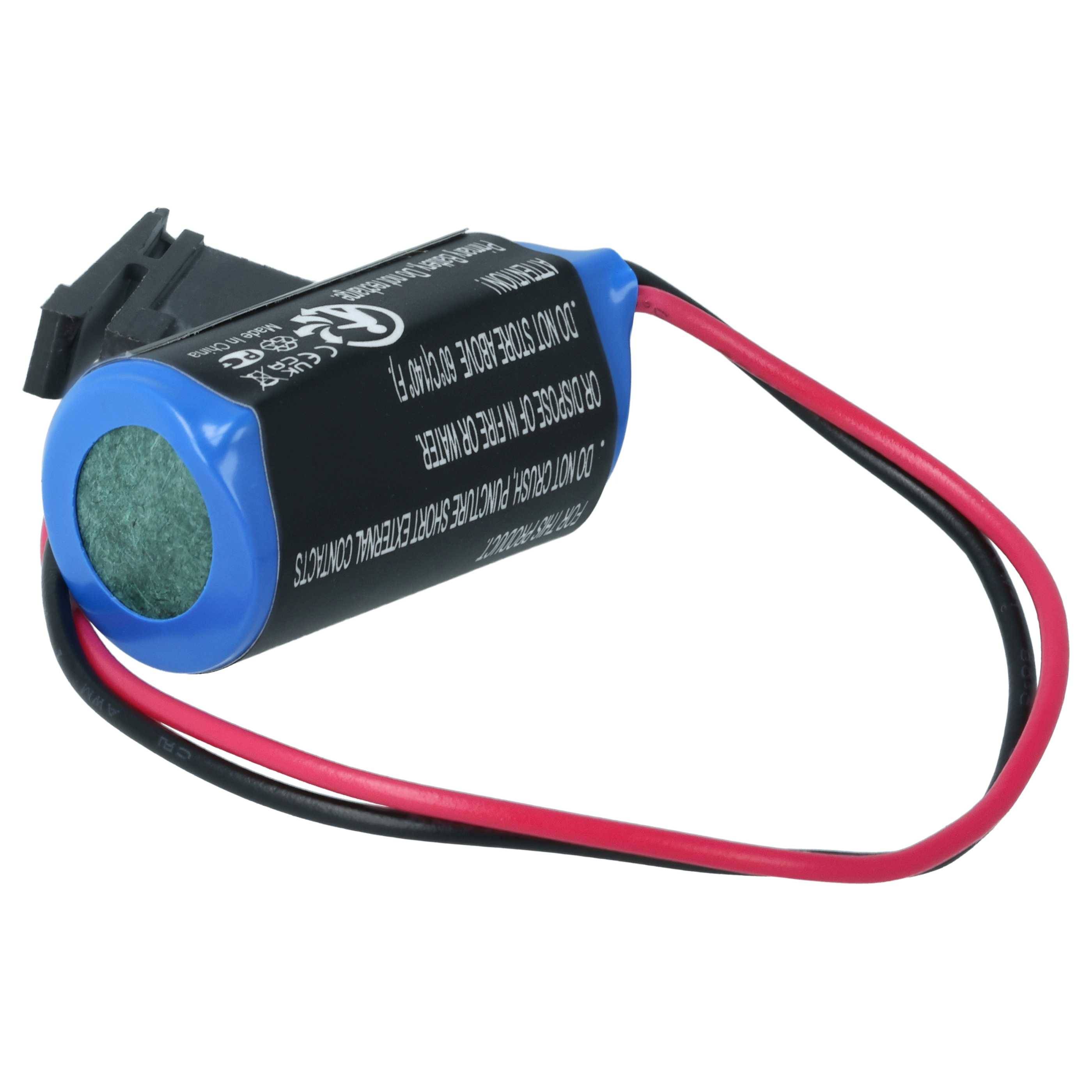 Eine kleine, zylindrische blaue Batterie mit schwarzer Oberseite und roten und schwarzen Drähten. Sie hat weißen Text mit Angaben zu Spezifikationen und Sicherheitswarnungen.