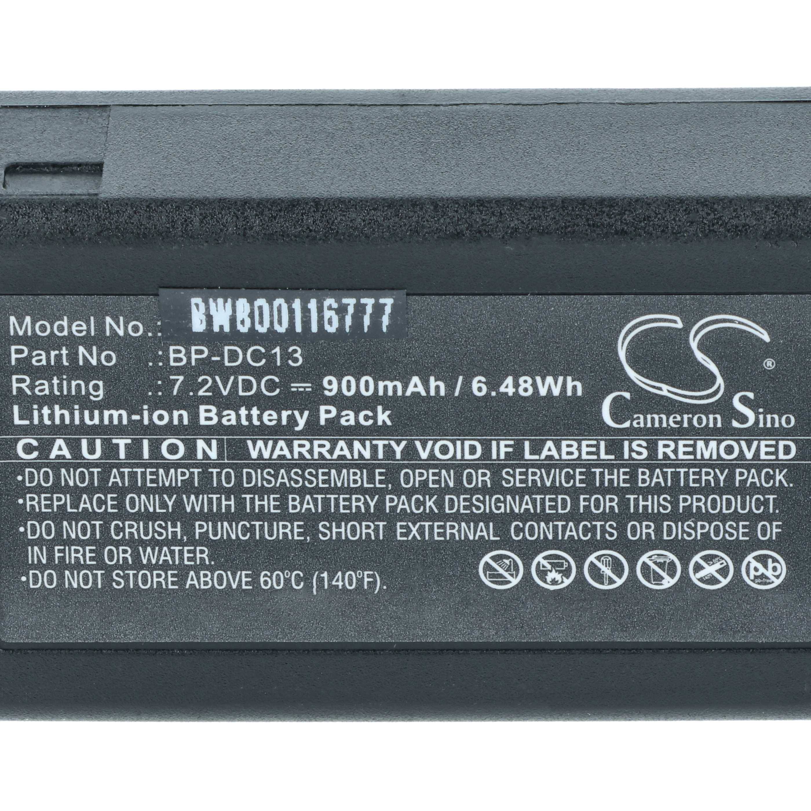 Lithium-Ionen-Akkupack. Modell BP-DC13, 7,2 VDC, 900 mAh, 6,48 Wh. Nicht auseinandernehmen oder Hitze aussetzen. Garantie erlischt, wenn Etikett entfernt wird.