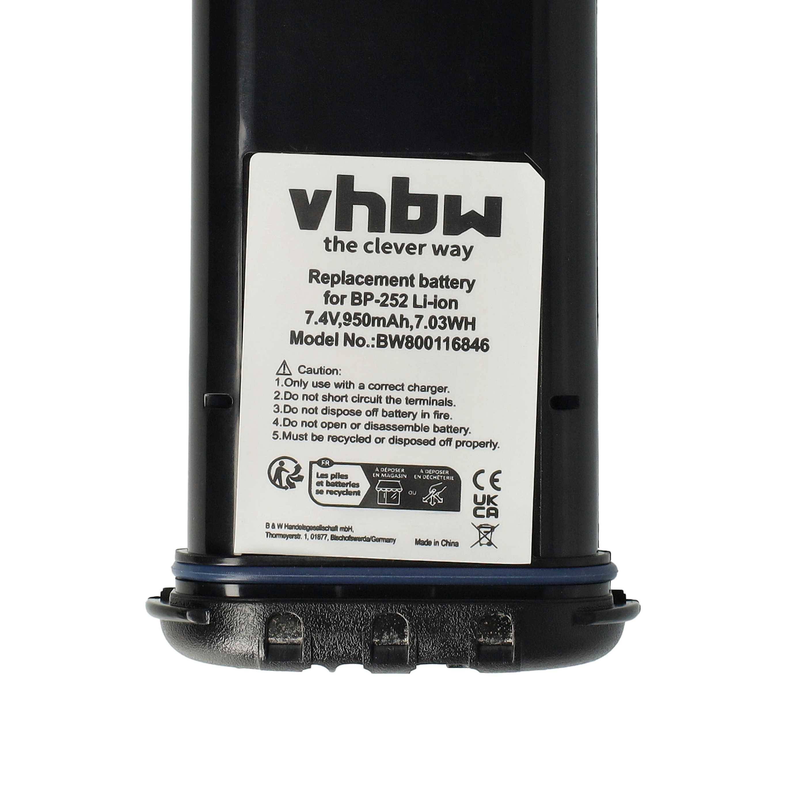 vhbw Ersatzbatterie für BP-252 Li-Ion, 7,4V, 950mAh, 7,03Wh, Modellnummer: Nbw0011684 auf schwarzer zylindrischer Batterie.