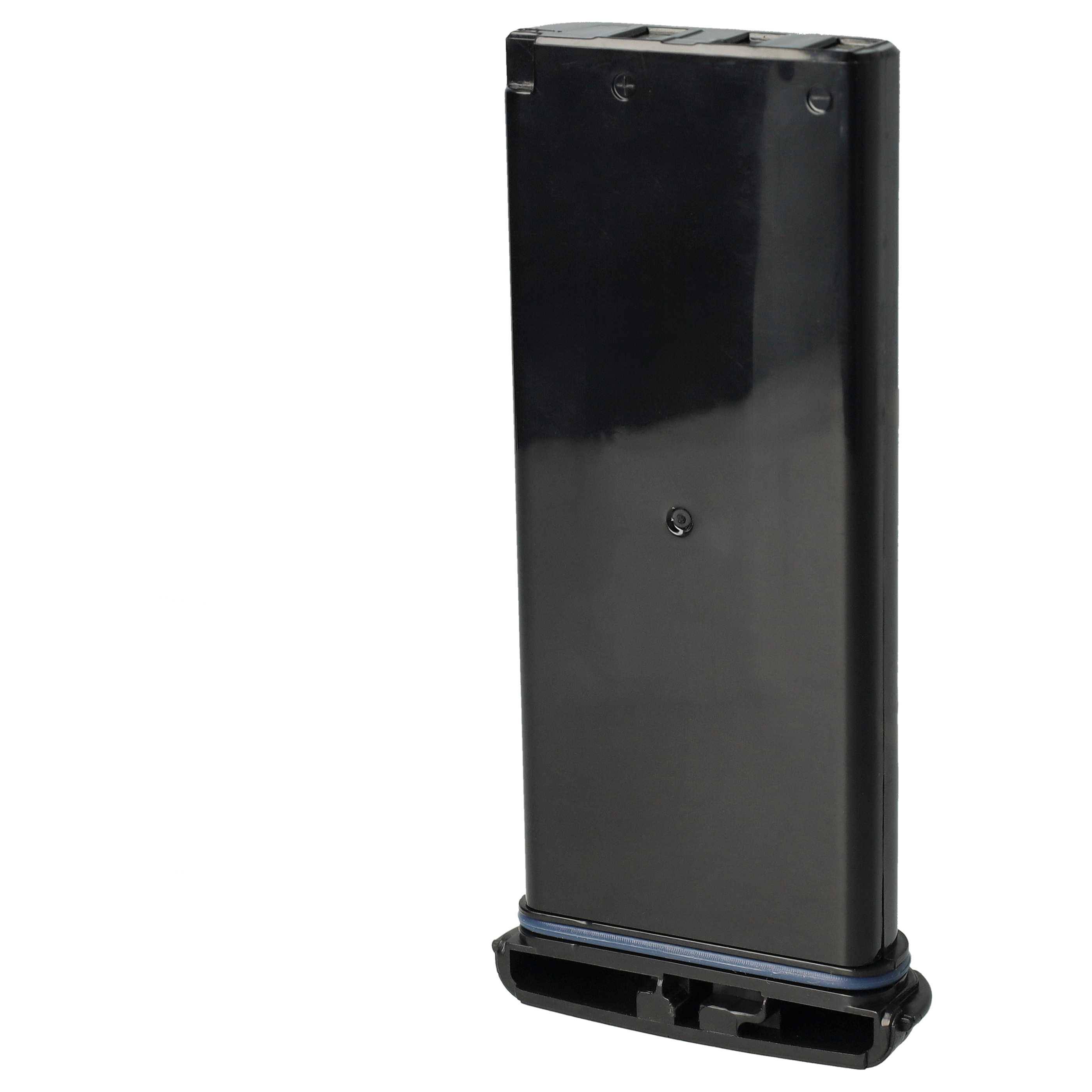 Ein schwarzes, rechteckiges Magazin für ein Luftgewehr im Kaliber 6,9 mm Magnum mit blauer Basis, das aufrecht gegen einen schlichten weißen Hintergrund lehnt.