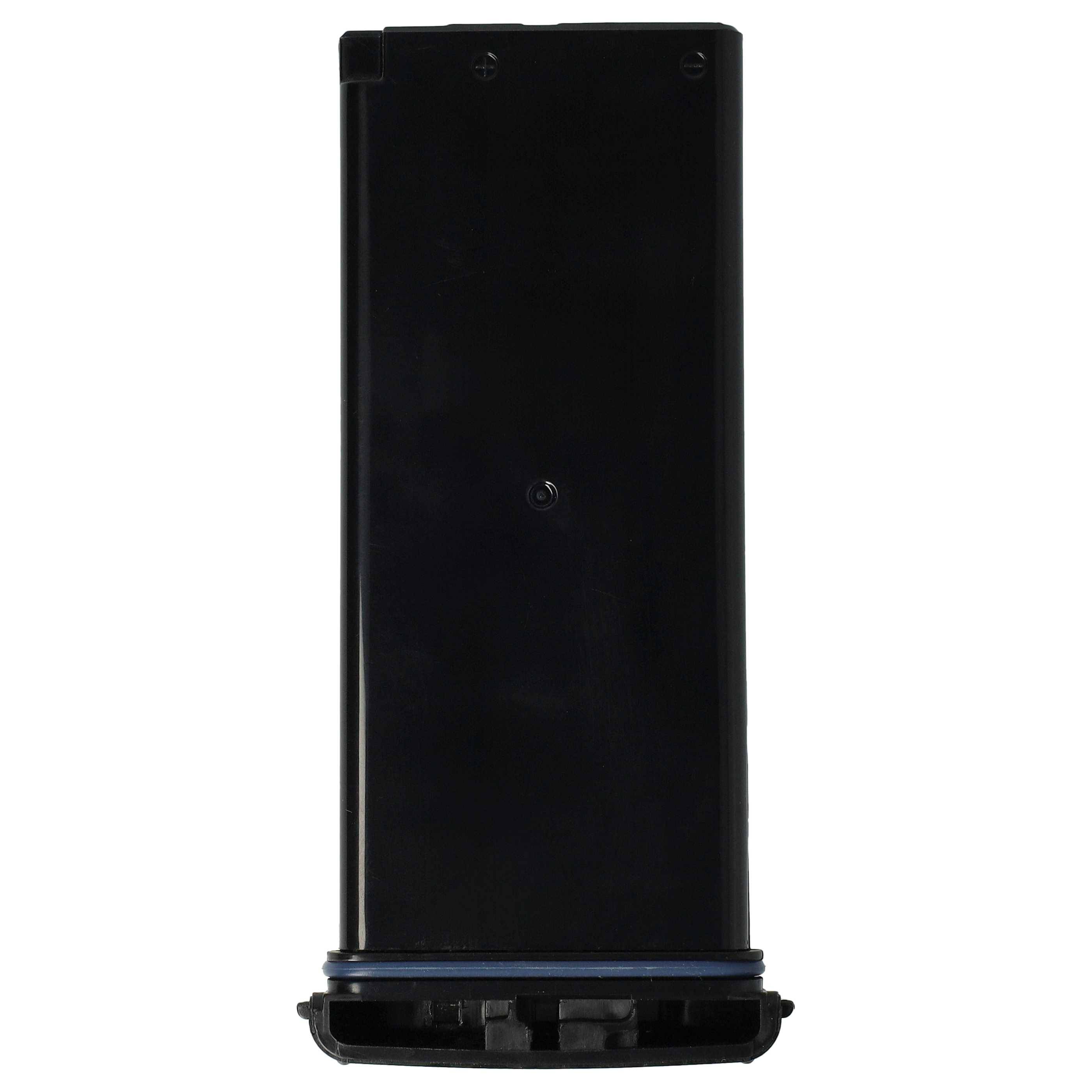 Schwarze rechteckige Kunststoffpatrone mit einem kreisförmigen Abschnitt am unteren Ende, mit einem sichtbaren blauen Siegel.