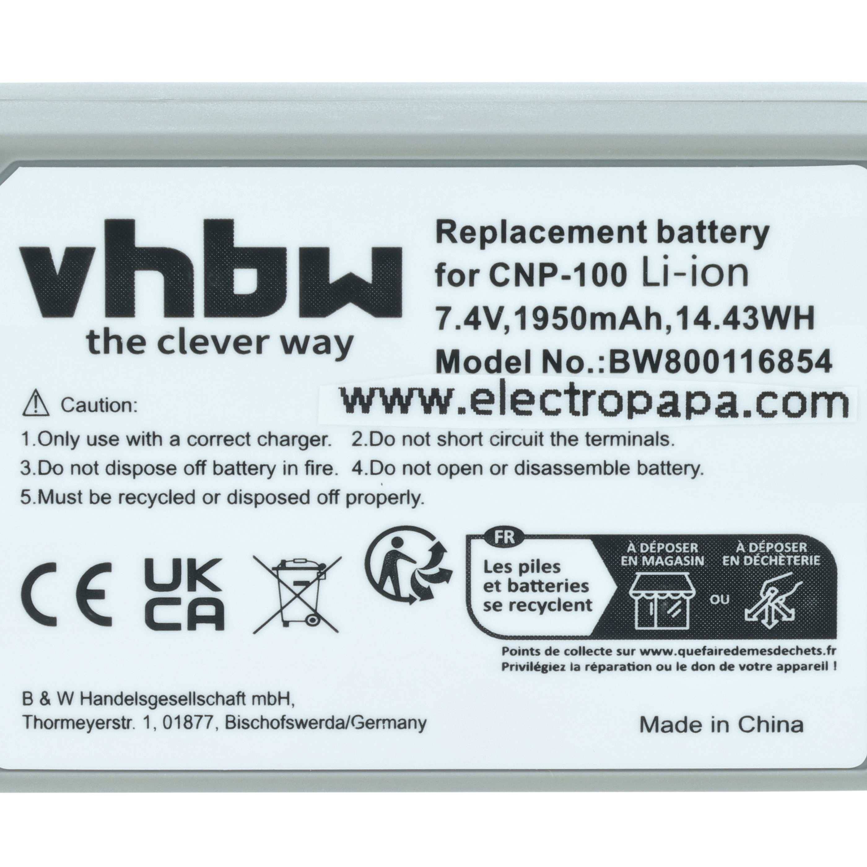 vhbw die clevere Art' Ersatzakku für CNP-100 Li-Ion 7,4V, 1950mAh, 14,43Wh. Modell-Nr.: BW800116854. Bedienungsanleitung und Zertifikate enthalten.