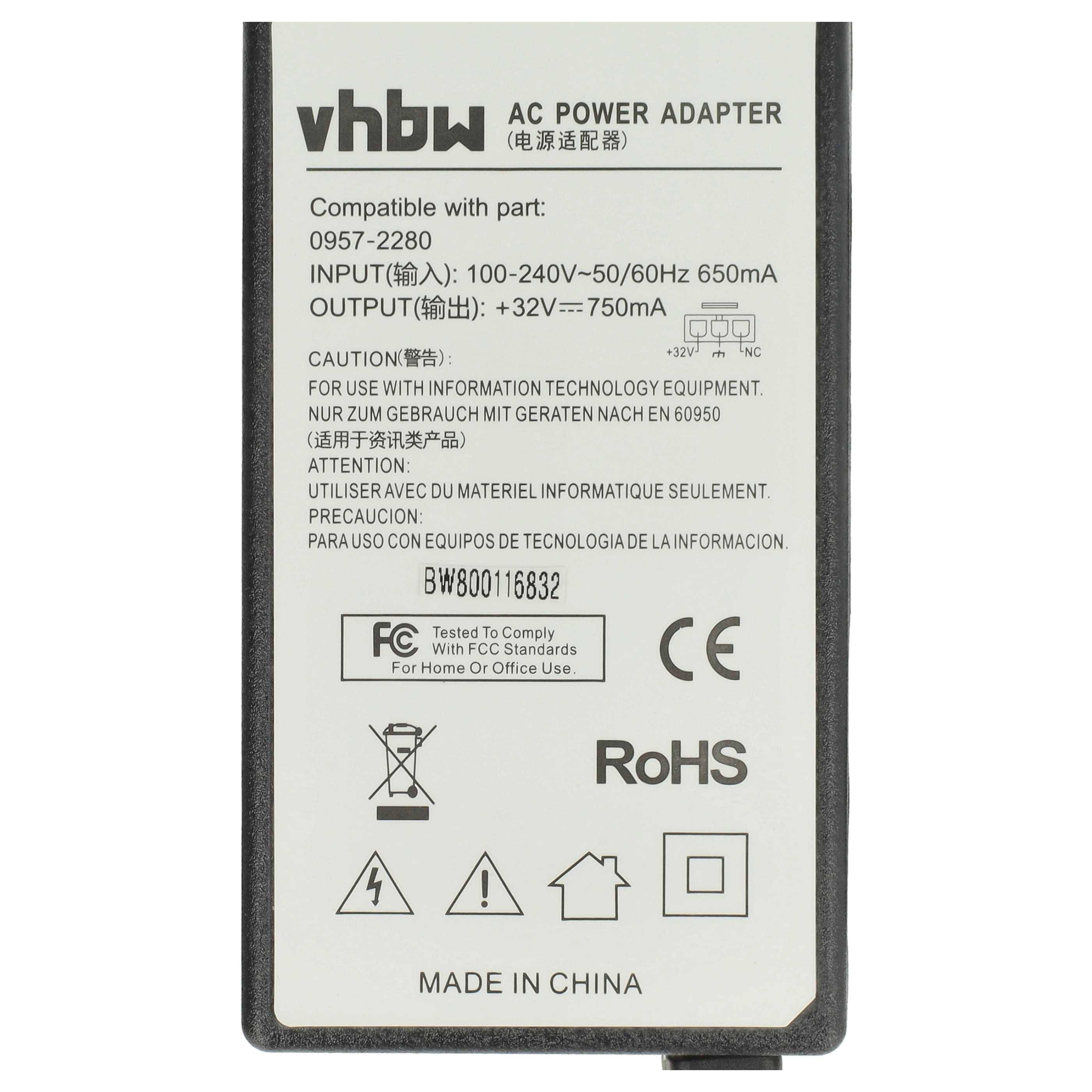Etikett auf einem vhbw Wechselstromadapter mit Eingabe 100-240V~50/60Hz 650mA und Ausgabe 32V 750mA, mit Compliance- und Sicherheitssymbolen.