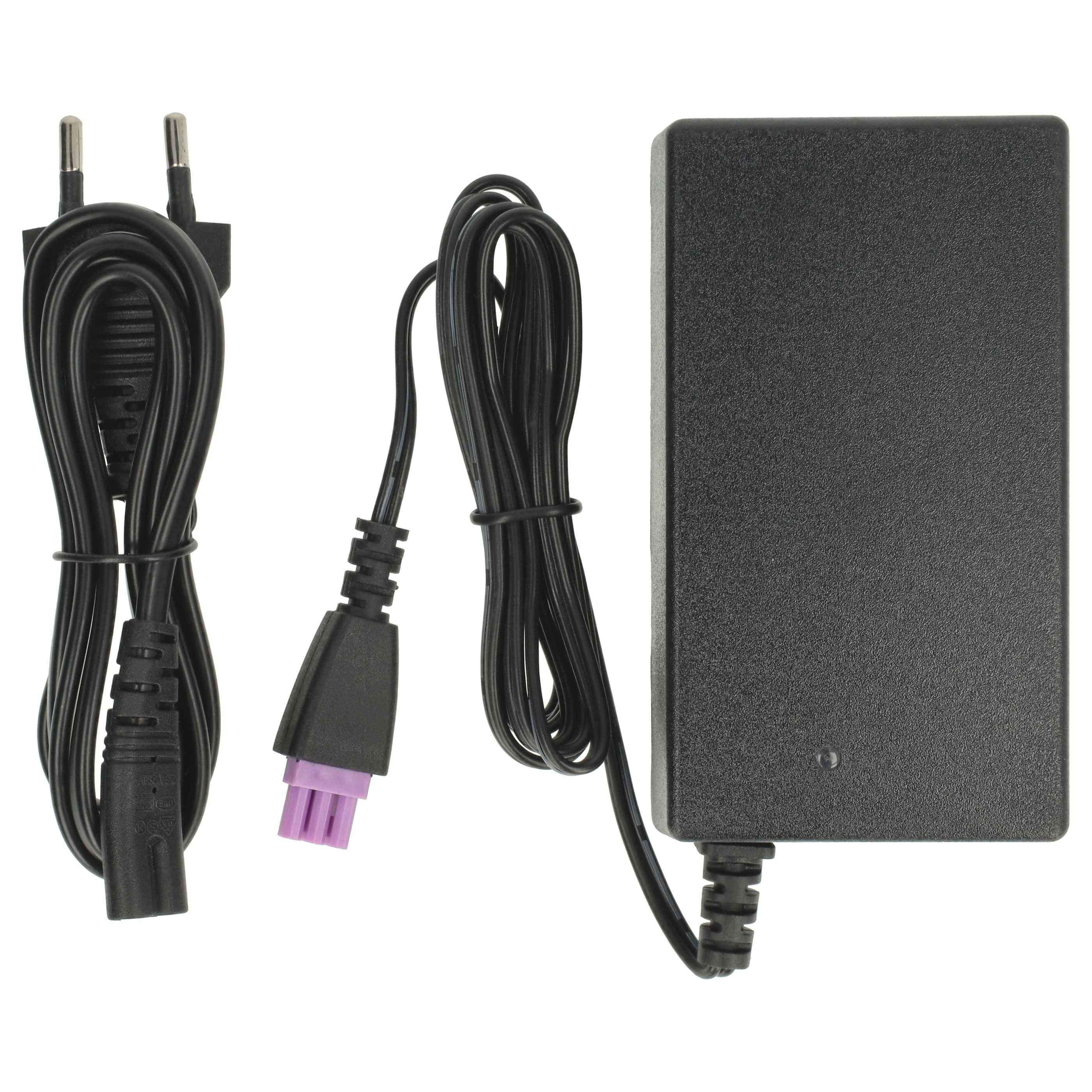 Schwarzer Netzteil mit zwei Kabeln, ein Stromkabel mit europäischem Stecker und ein Verbindungskabel mit violettem Stecker.