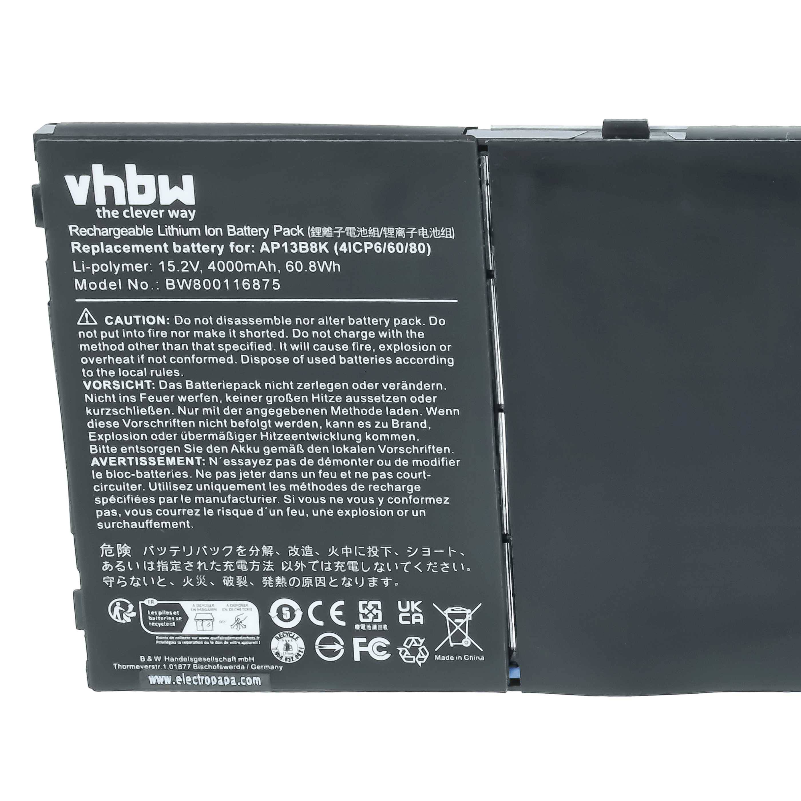 vhbw Akku kompatibel mit Acer Aspire R3-431T-54T1, R3-431T-C7H8, R3-431T-C7W3, R3-431T-P3RA Notebook (4000mAh, 15V, Li-Ion)