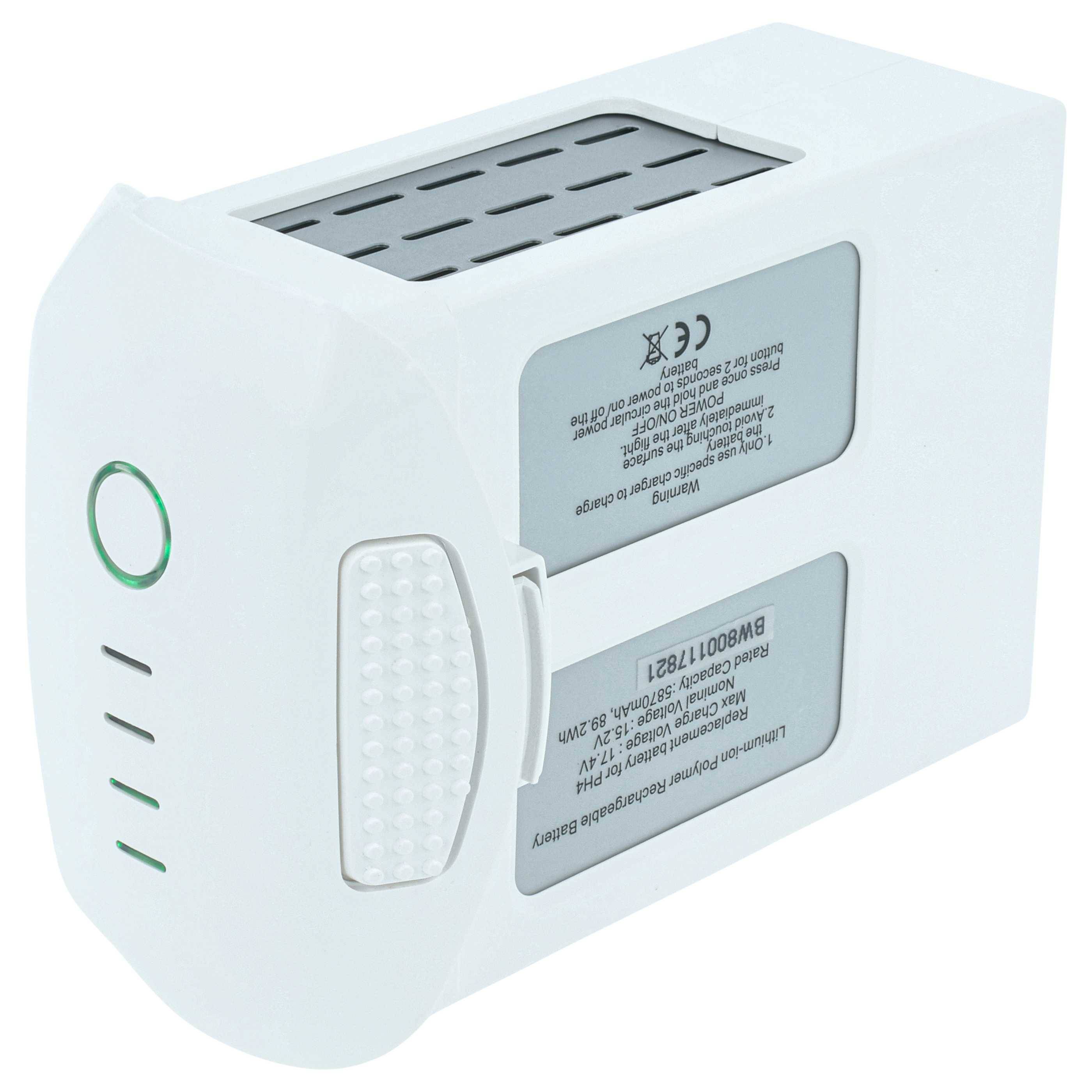 Eine weiße Drohnenbatterie mit einem grünen Einschalteknopf, Lüftungslöchern oben und beschrifteten Spezifikationen an der Seite.