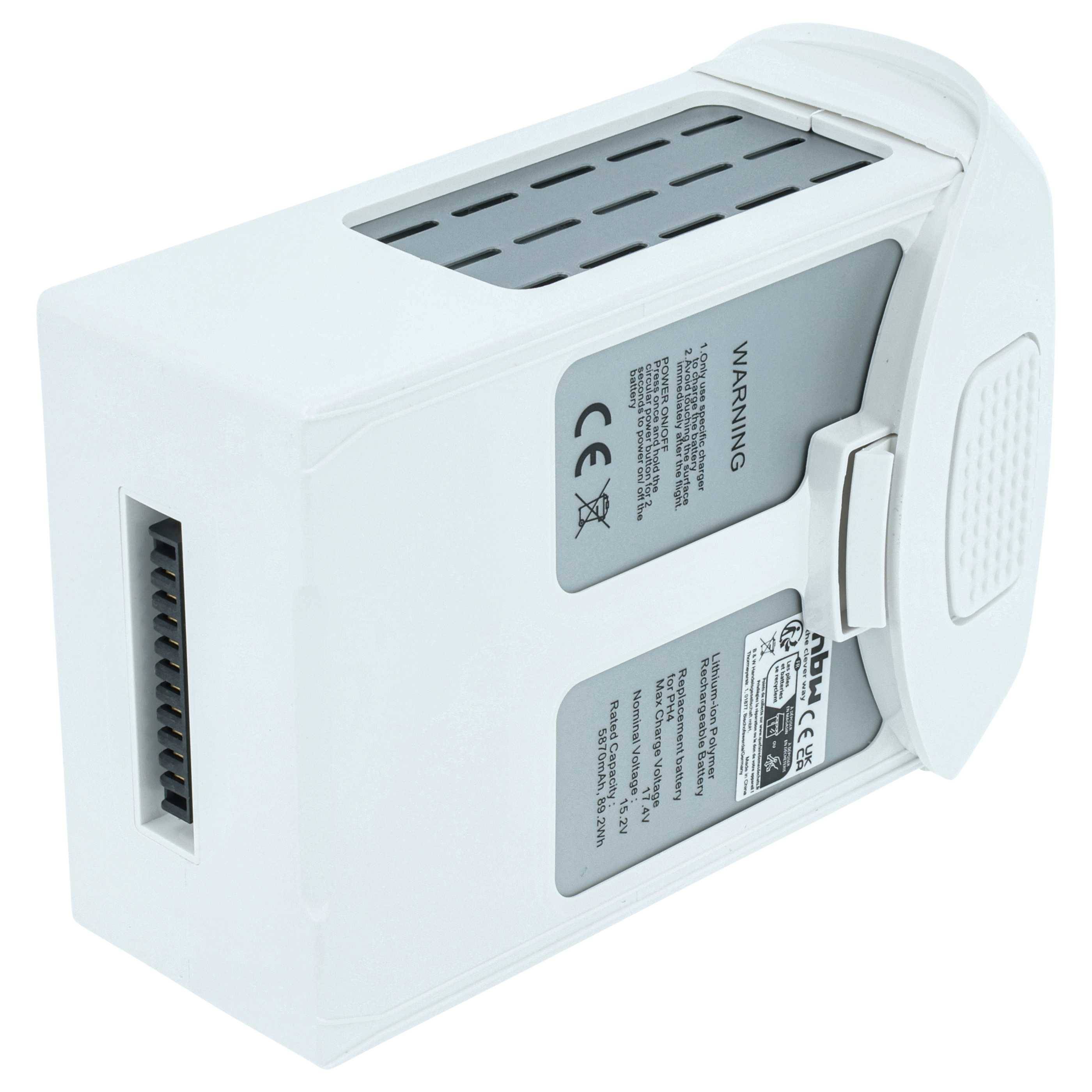 Weiße Drohnenbatterie mit Belüftungsschlitzen und seitlich angebrachten Warnhinweisen und Zertifizierungen.