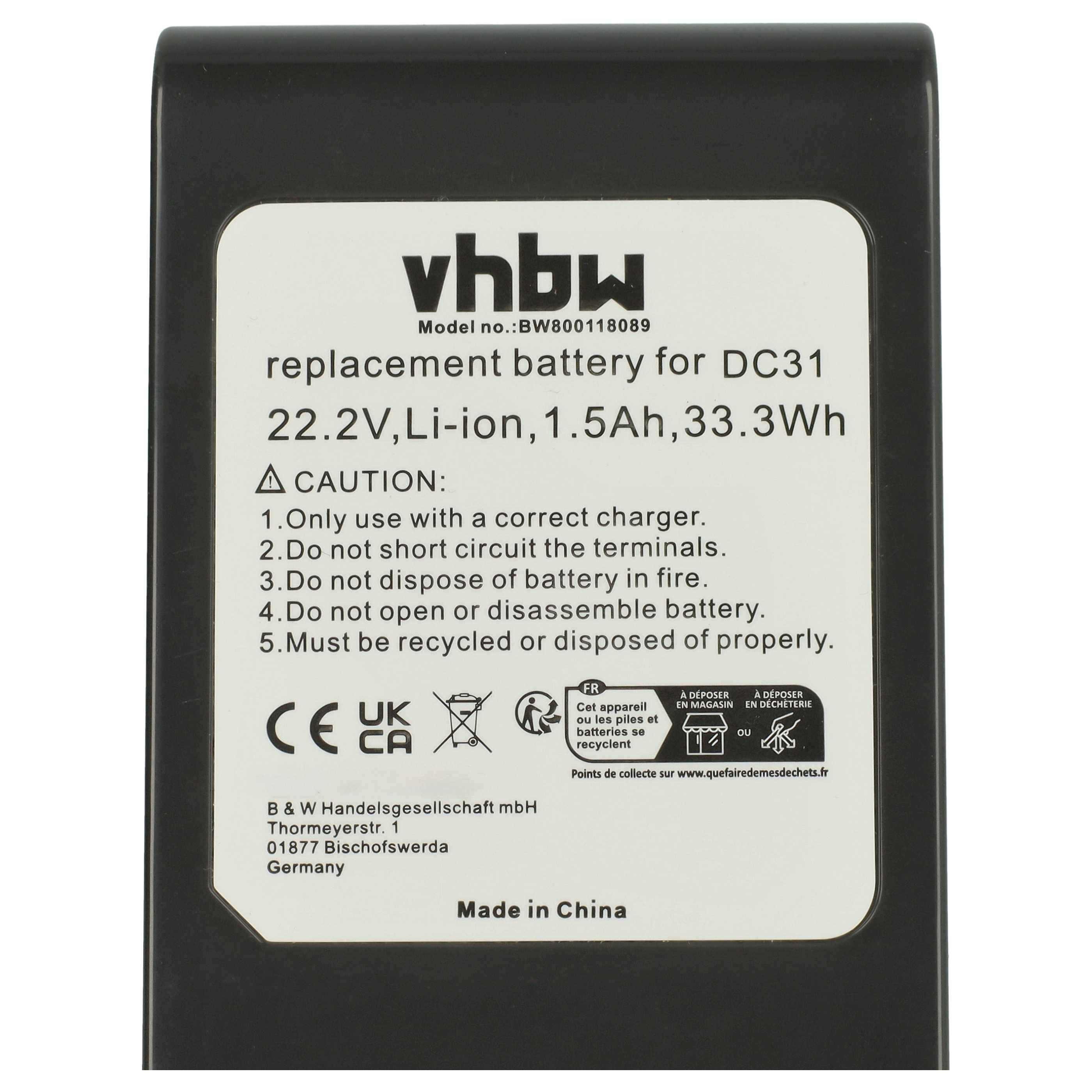 vhbw Akku Ersatz für Dyson 917083-07, 917083-01, 917083-03, 18172-0201, 917083-05 für Staubsauger - Typ A Grau (1500 mAh, 22,2 V, Li-Ion)