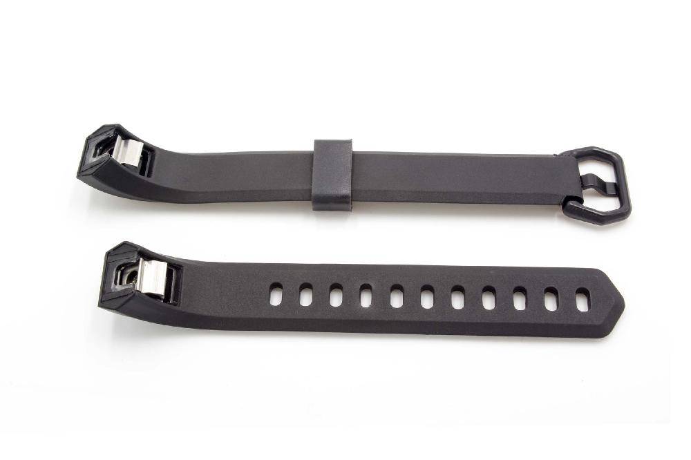 Zwei schwarze Gummi-Uhrenarmbänder, eines mit einer Schnalle und eines mit Löchern, flach auf weißem Hintergrund angeordnet, verbunden durch eine Schließe.