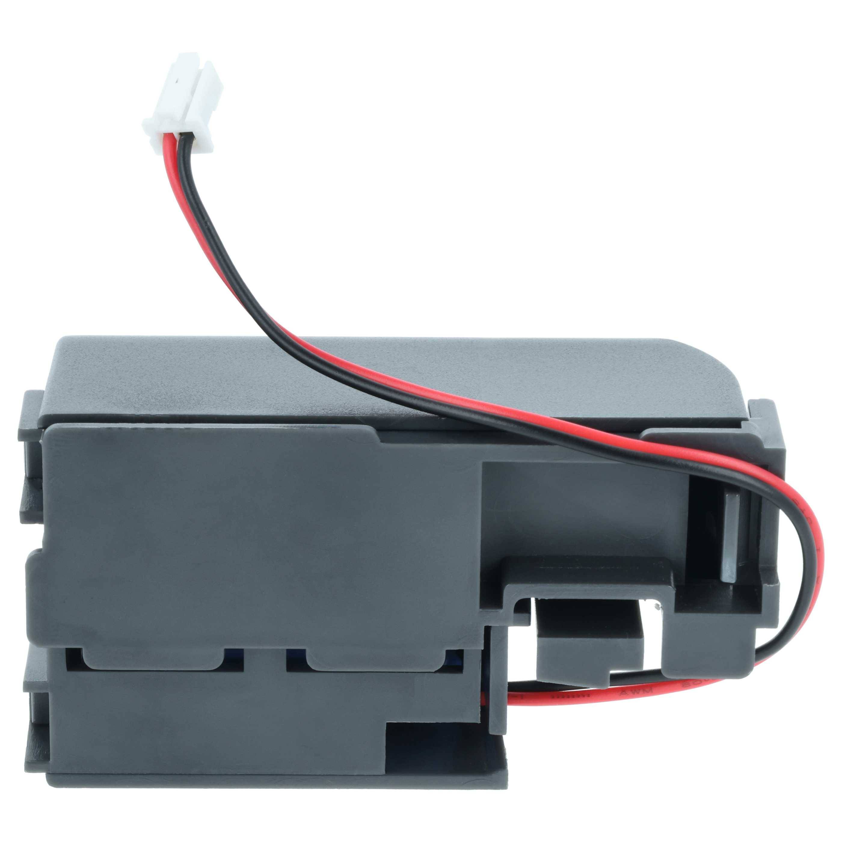 Ein grauer Batteriebehälter mit einem roten und schwarzen Kabel, ausgestattet mit einem Anschluss.