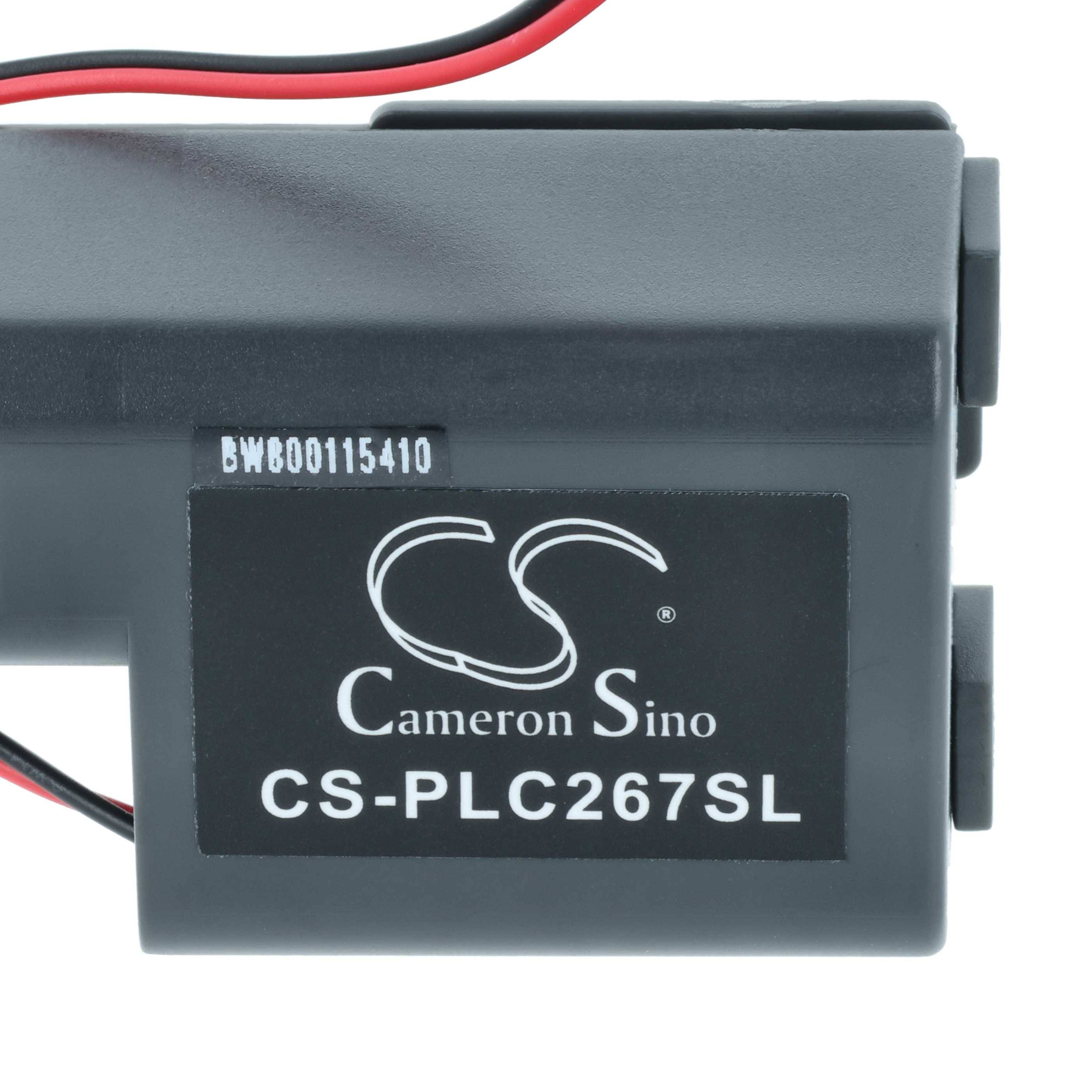 Graue rechteckige Batterie, beschriftet mit 'Cameron Sino CS-PLC267SL', mit roten und schwarzen Kabeln, die von der Oberseite herausragen.