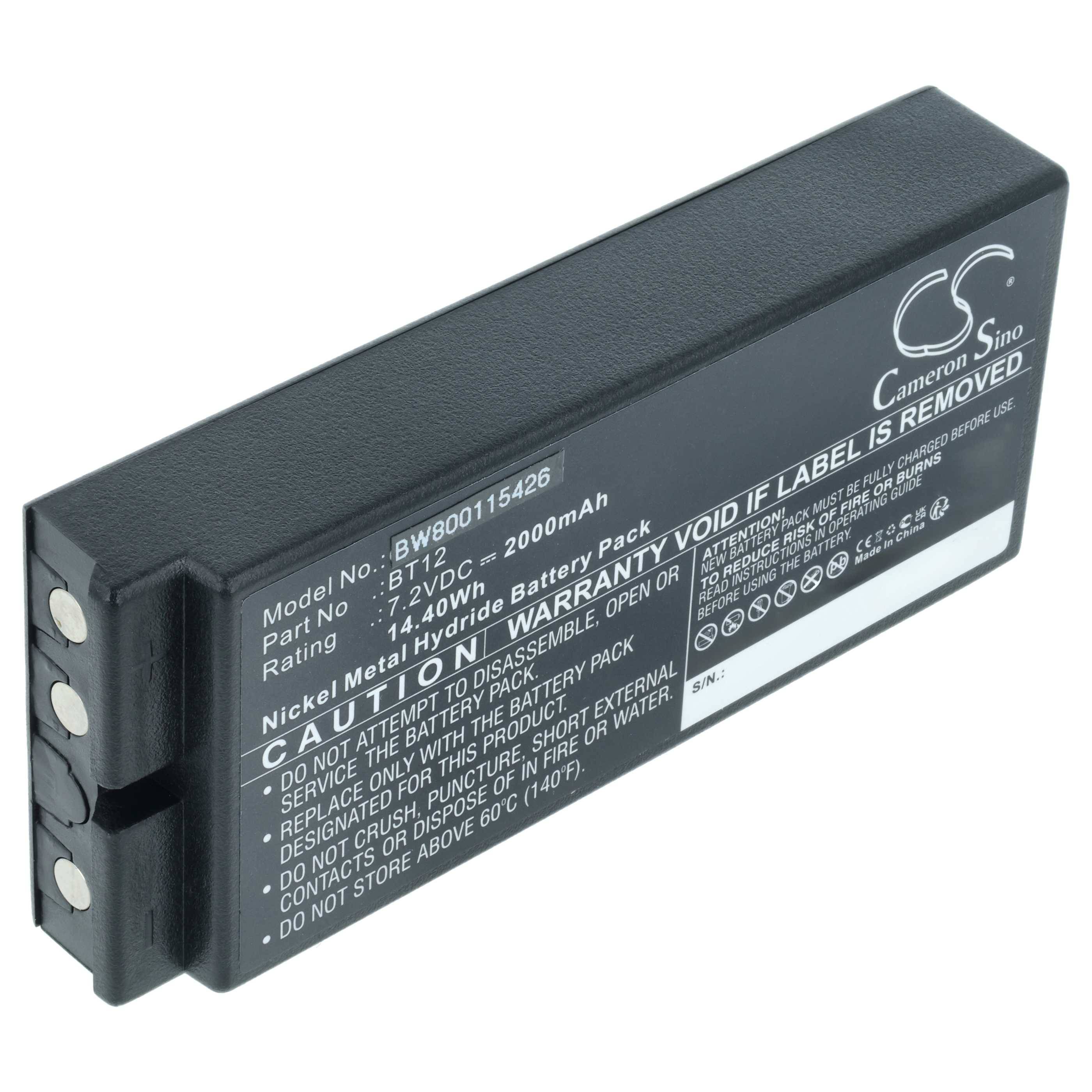 Schwarze Batterie mit Aufklebern, die das Modell BW800115426, Typ NiMH, 7,2V, Kapazität 2000mAh angeben. Warnung: ‚Ungültig, wenn das Etikett entfernt wird.