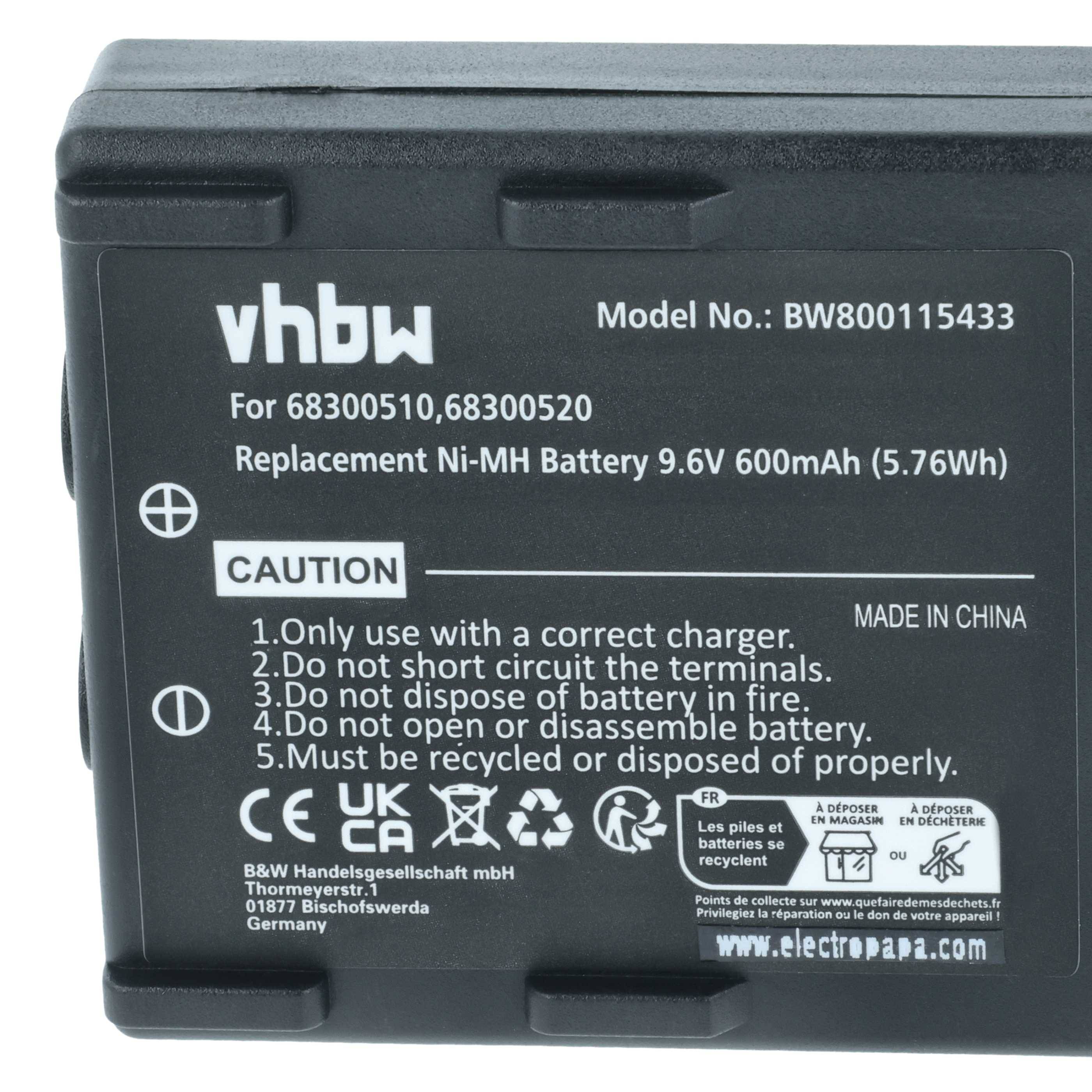 Das Bild zeigt ein vhbw Batterielabel mit Spezifikationen: 9,6V, 600mAh (5,76Wh). Es enthält Warnhinweise und eine Modellnummer.