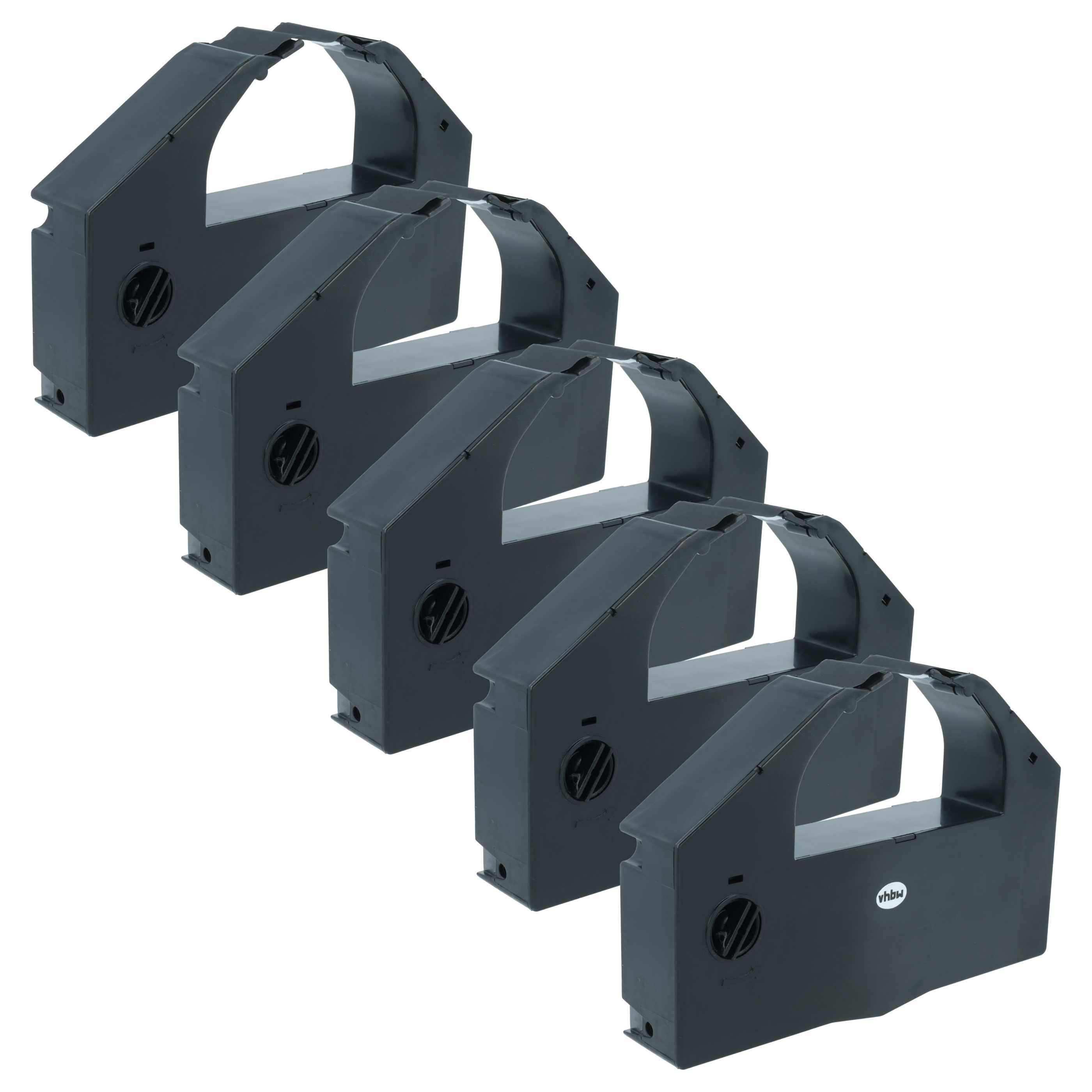 Fünf schwarze Druckerband-Kartuschen, in zwei Reihen angeordnet, nach links geneigt, mit identischem Design und Aufbau.