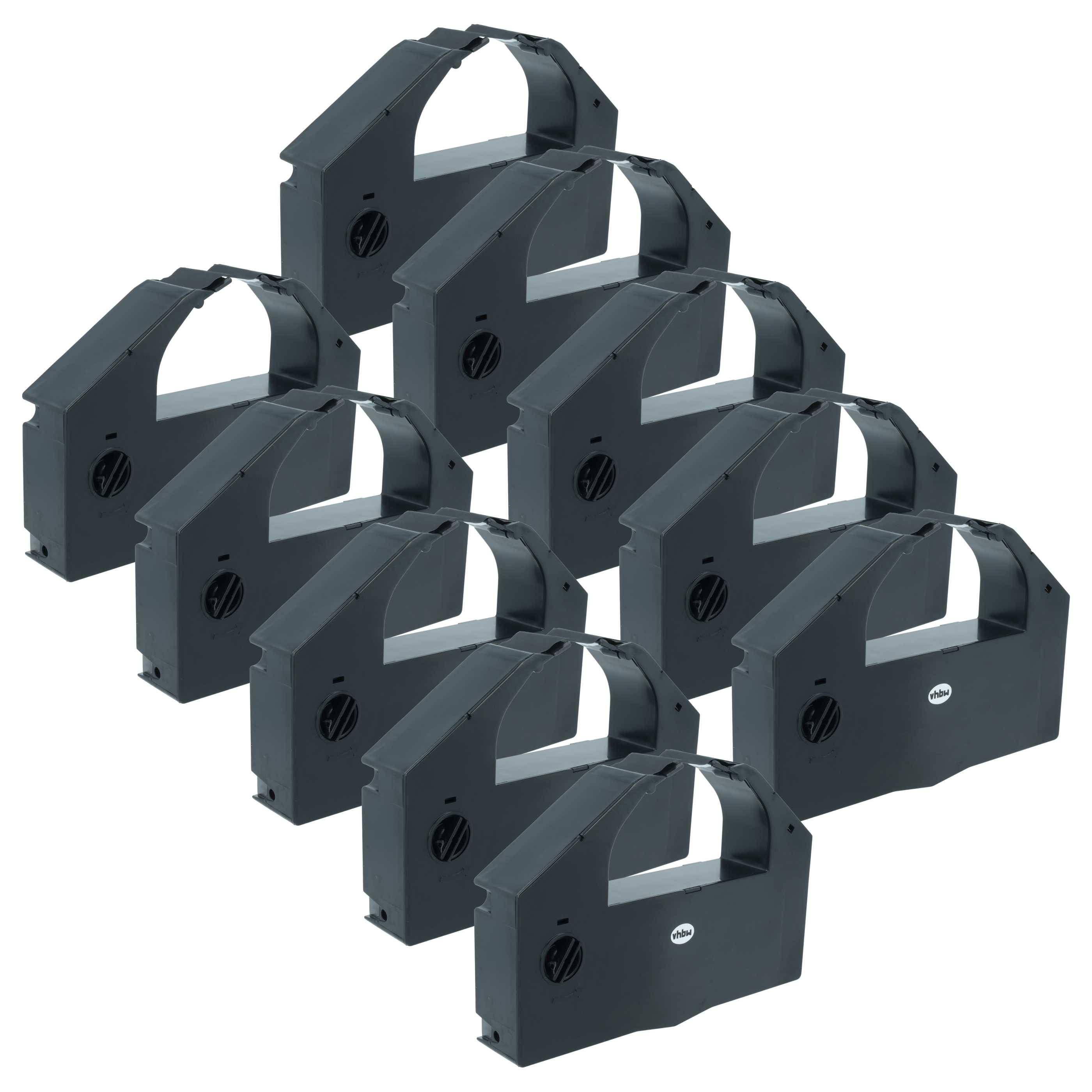 Neun schwarze Druckerband-Kartuschen, in drei Reihen zu je drei angeordnet.