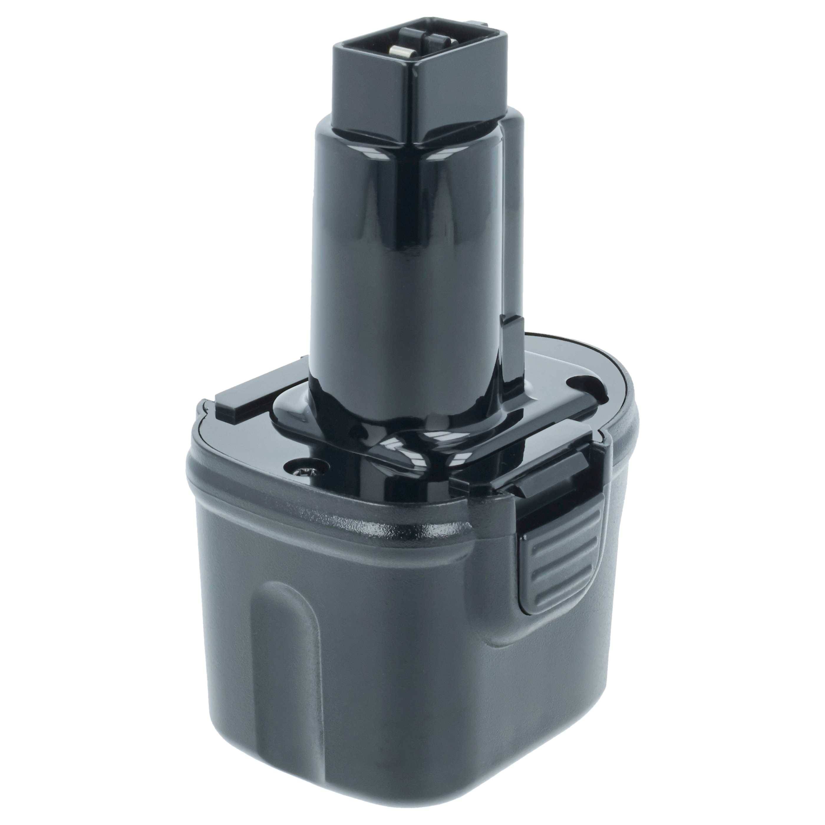 Eine schwarze wiederaufladbare Batterie für kabellose Werkzeuge, mit rechteckiger Basis und vertikalem Anschluss.