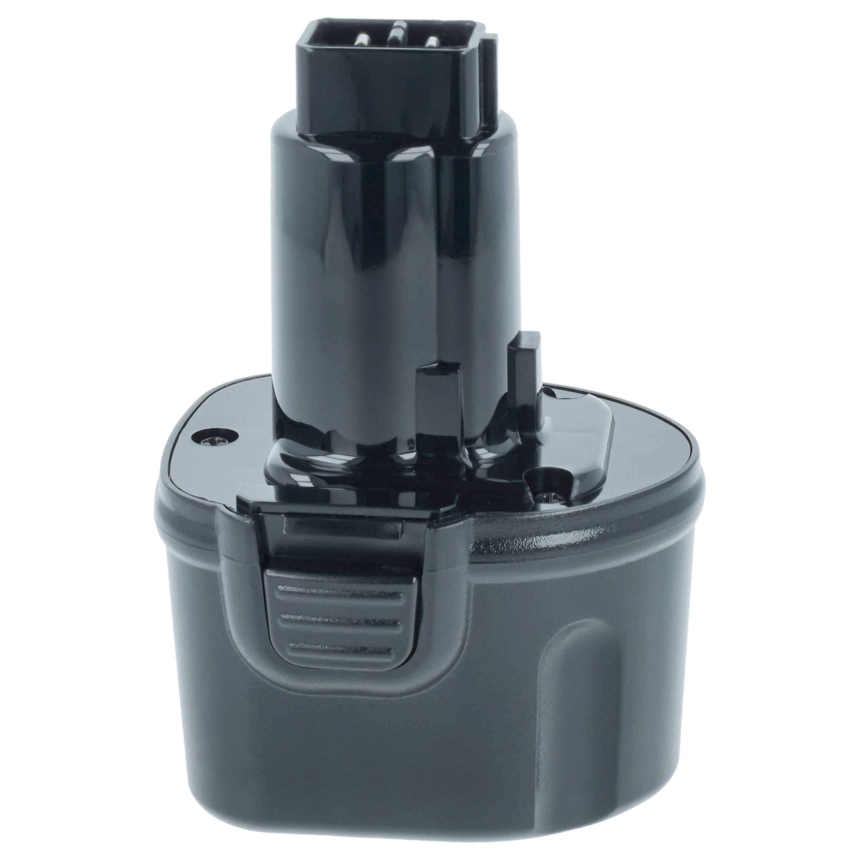 Ein schwarzer kabelloser Werkzeug-Akkupack mit vertikalem Anschluss, geeignet für Elektrowerkzeuge, mit kompakter Bauweise.