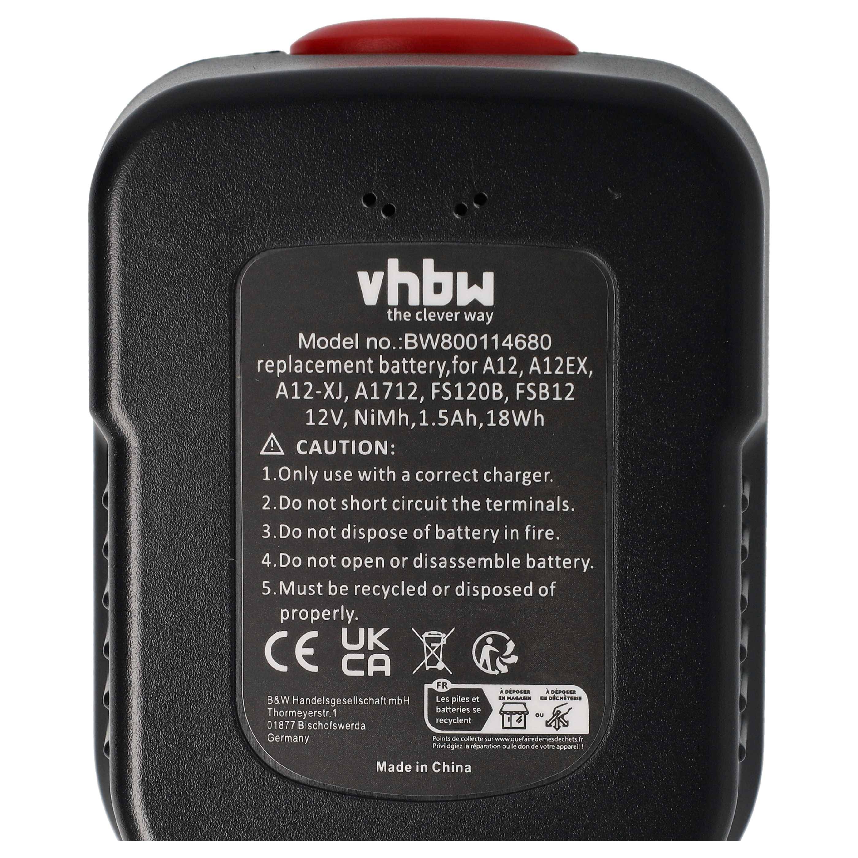 vhbw 2x Akku kompatibel mit Black & Decker BDID1202, CD1200SK, CD12SFK, CDC1200K, CDC120AK Elektrowerkzeug (1500mAh NiMH 12 V)