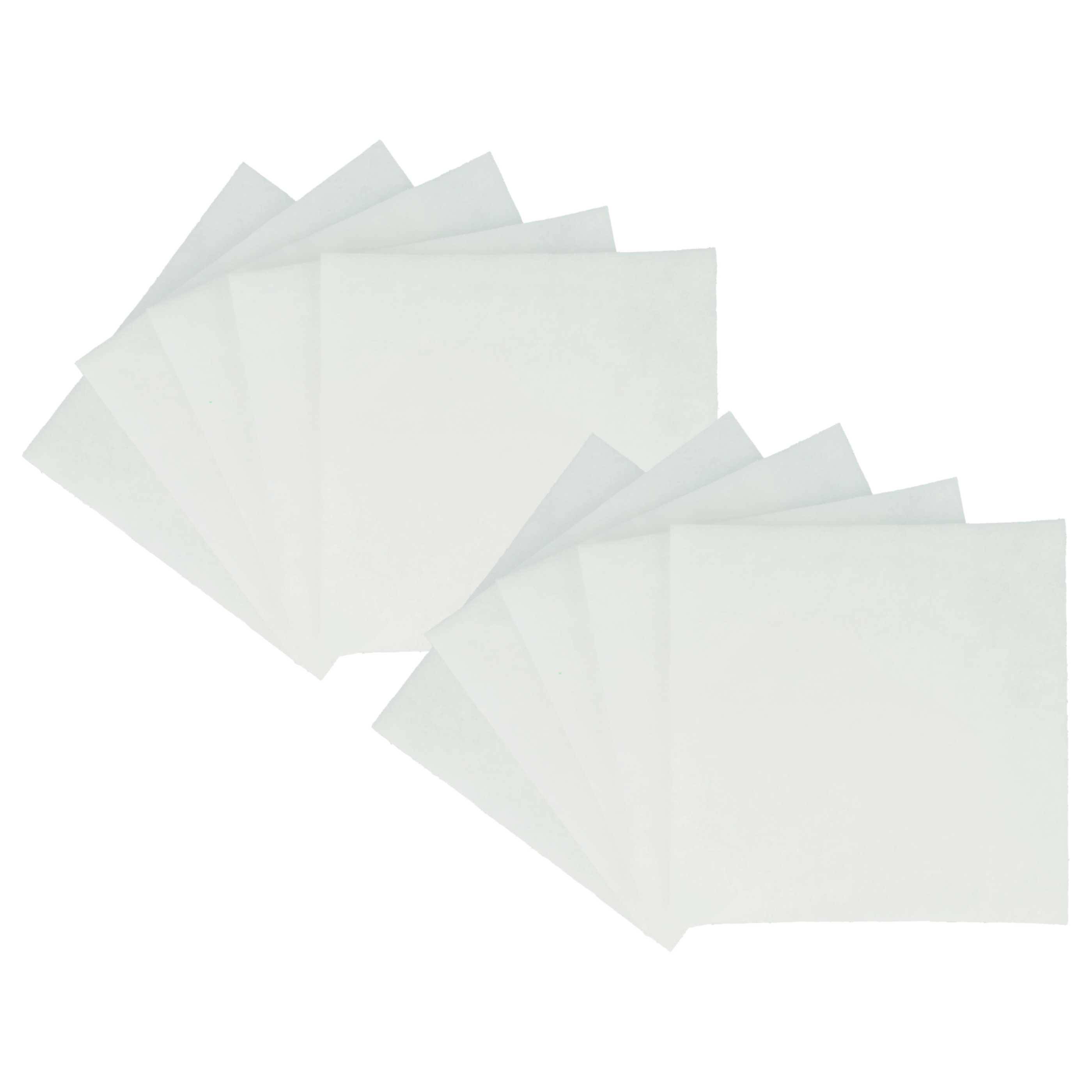 Acht weiße, leere quadratische Blätter Papier, die in zwei sich überlappenden Reihen angeordnet sind, vier in jeder Reihe, vor einem einfachen Hintergrund.