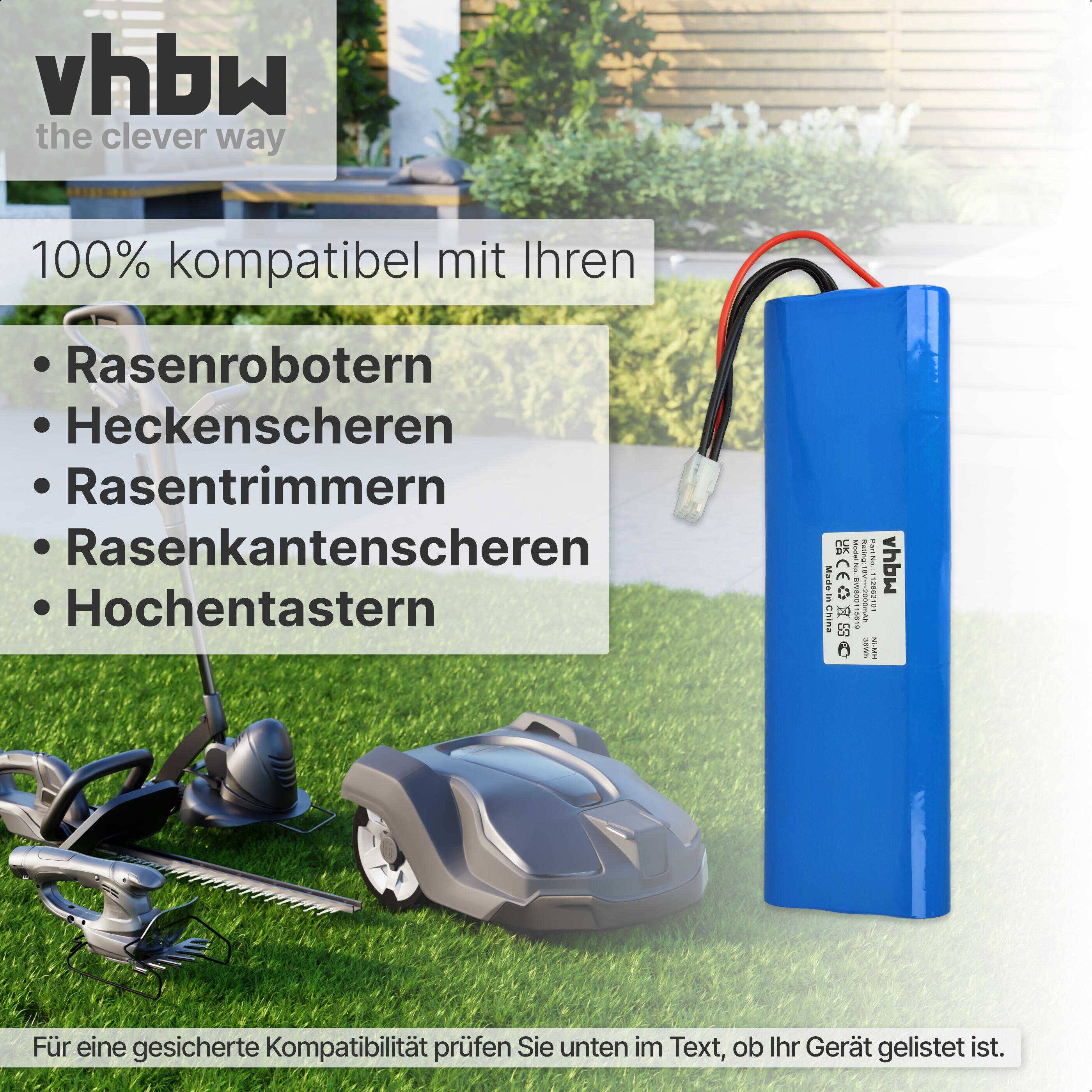 2x vhbw NiMH Akku 2000mAh (18V) kompatibel mit Rasenmäher Rasenroboter Ersatz für 1128621-01, 1128621-01/6, 112862101/6, 1128621016, 1192119010, 535