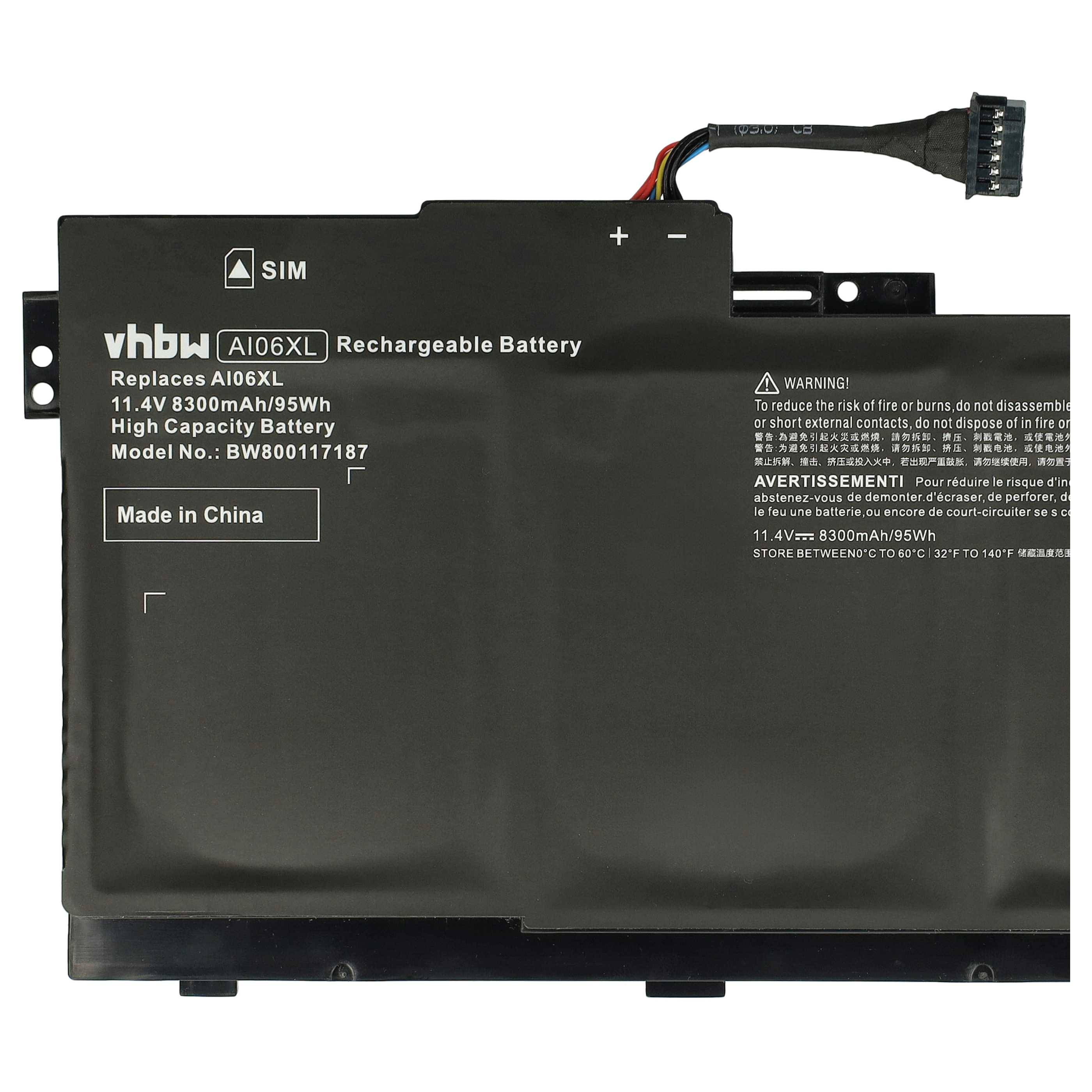 Schwarzes wiederaufladbares Batteriepack mit Beschriftung vhbw A106XL, 11,4V 8300mAh, mit angeschlossenem Steckerkabel auf weißem Hintergrund