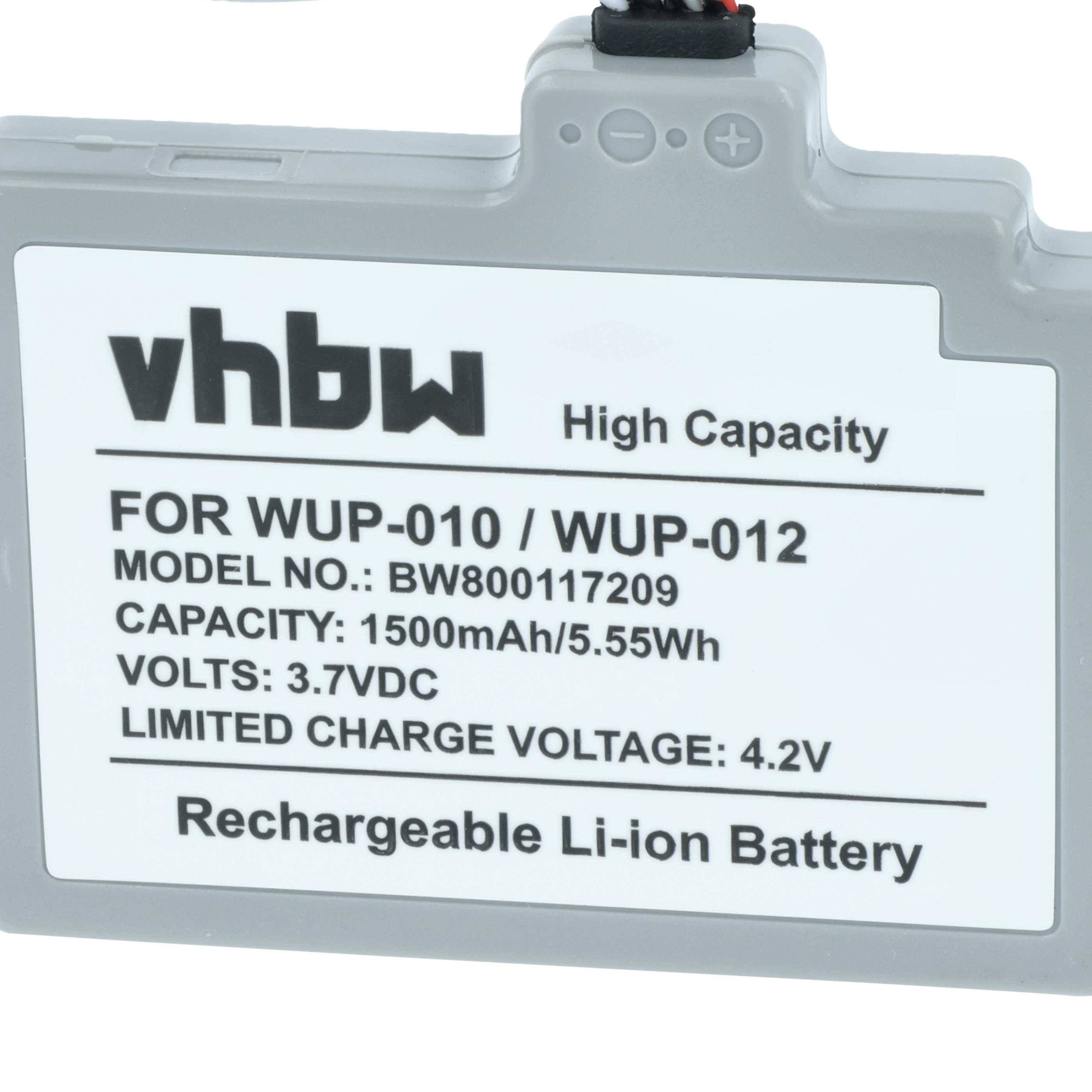 Ein rechteckiger Akku mit der Bezeichnung „vhbw High Capacity" für die Modelle WUP-010/WUP-012. Kapazität: 1500mAh, Spannung: 3,7VDC, wiederaufladbar.