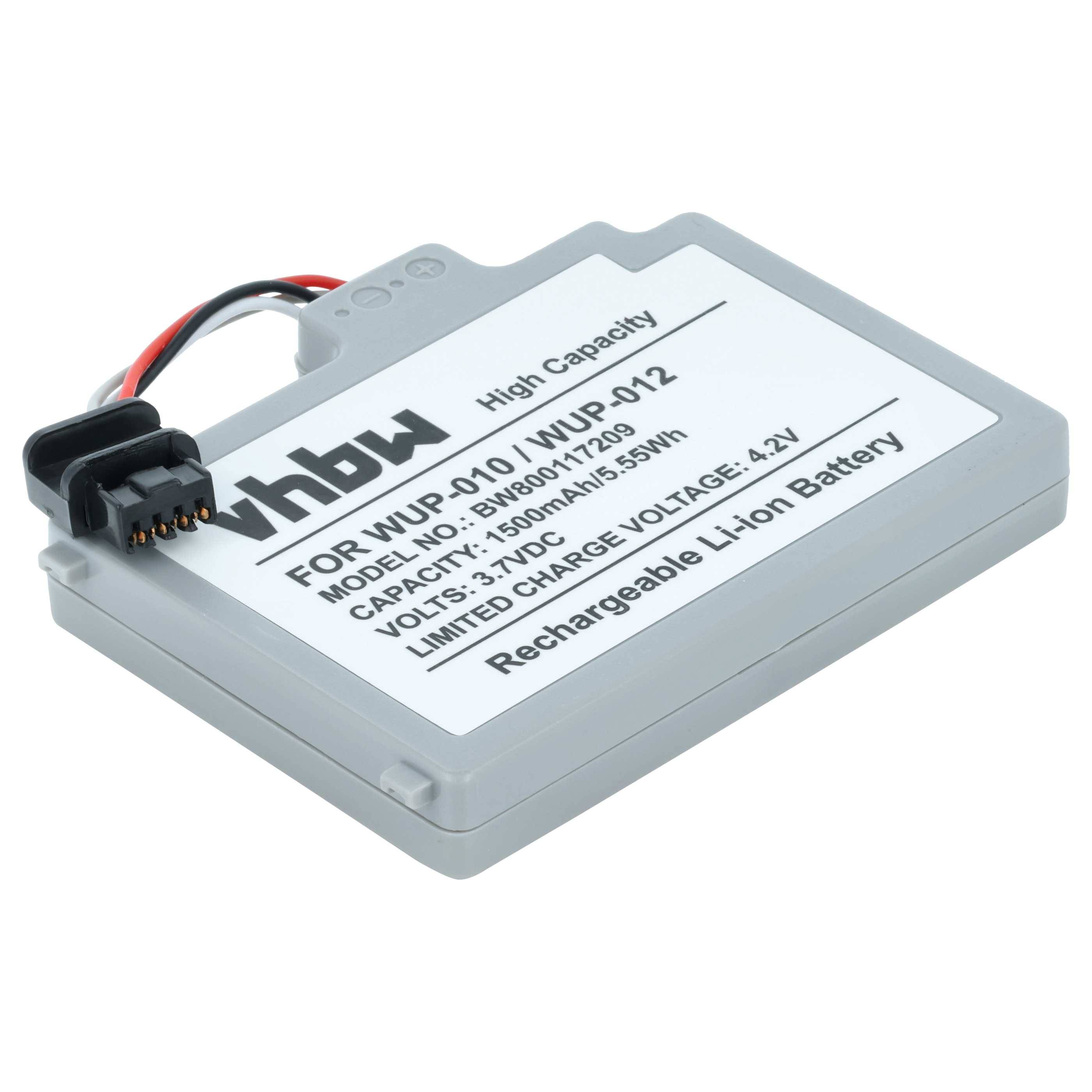 Eine graue rechteckige wiederaufladbare Lithium-Ionen-Batterie mit einem Etikett, das die Kompatibilität mit den Modellen WUP-010/WUP-012 anzeigt, 3,6V, 7.600mAh Kapazität.