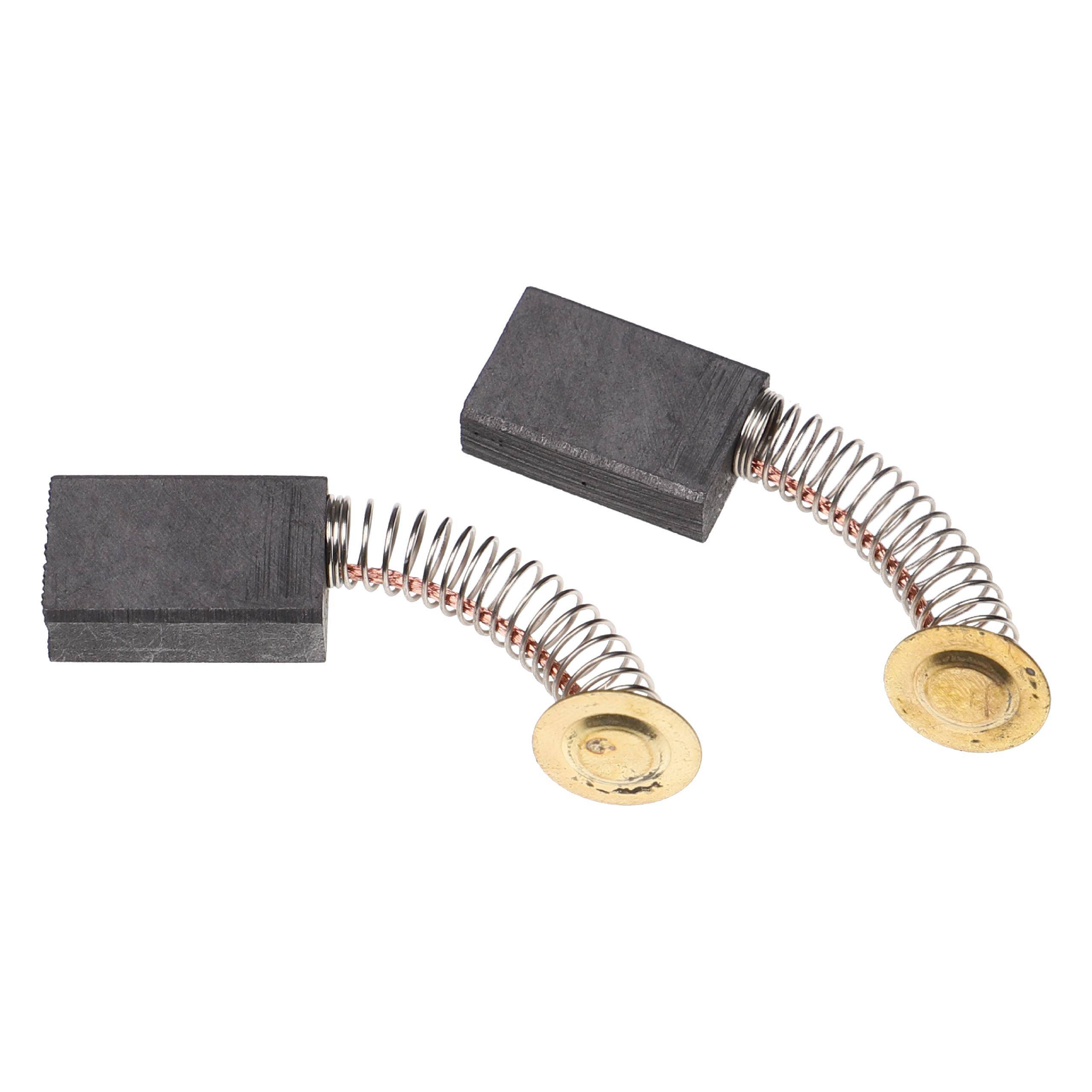 Zwei Kohlebürsten mit Federn und kleinen runden Metallkontakten, die in Elektromotoren zur Stromleitung verwendet werden.