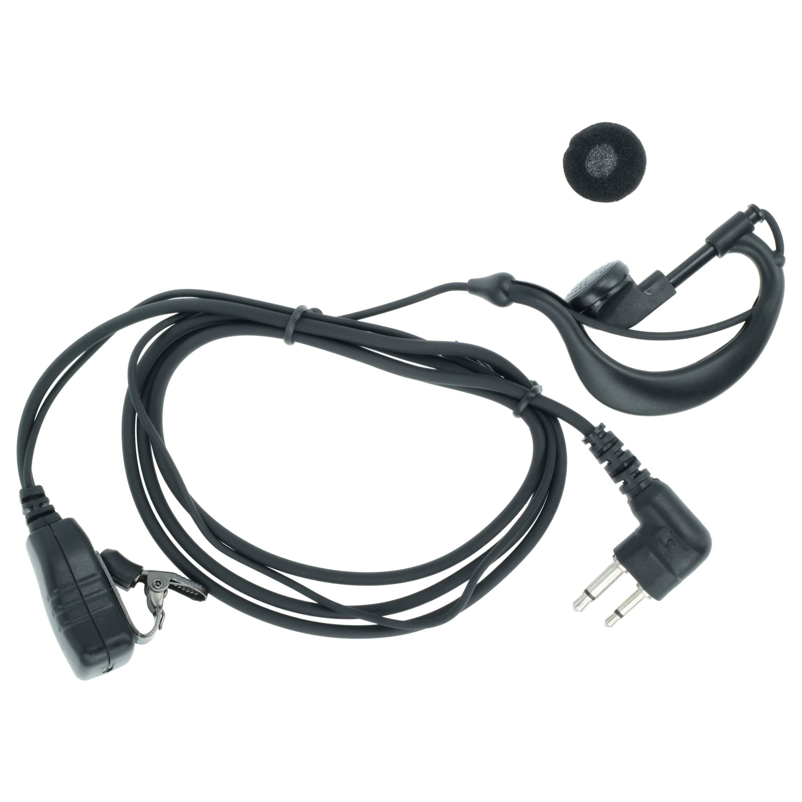 Ohrhörer mit Spiralkabel und Zweipolanschluss, ausgelegt für Funkommunikationsgeräte, inklusive zusätzlicher Ohrhörermuschel.