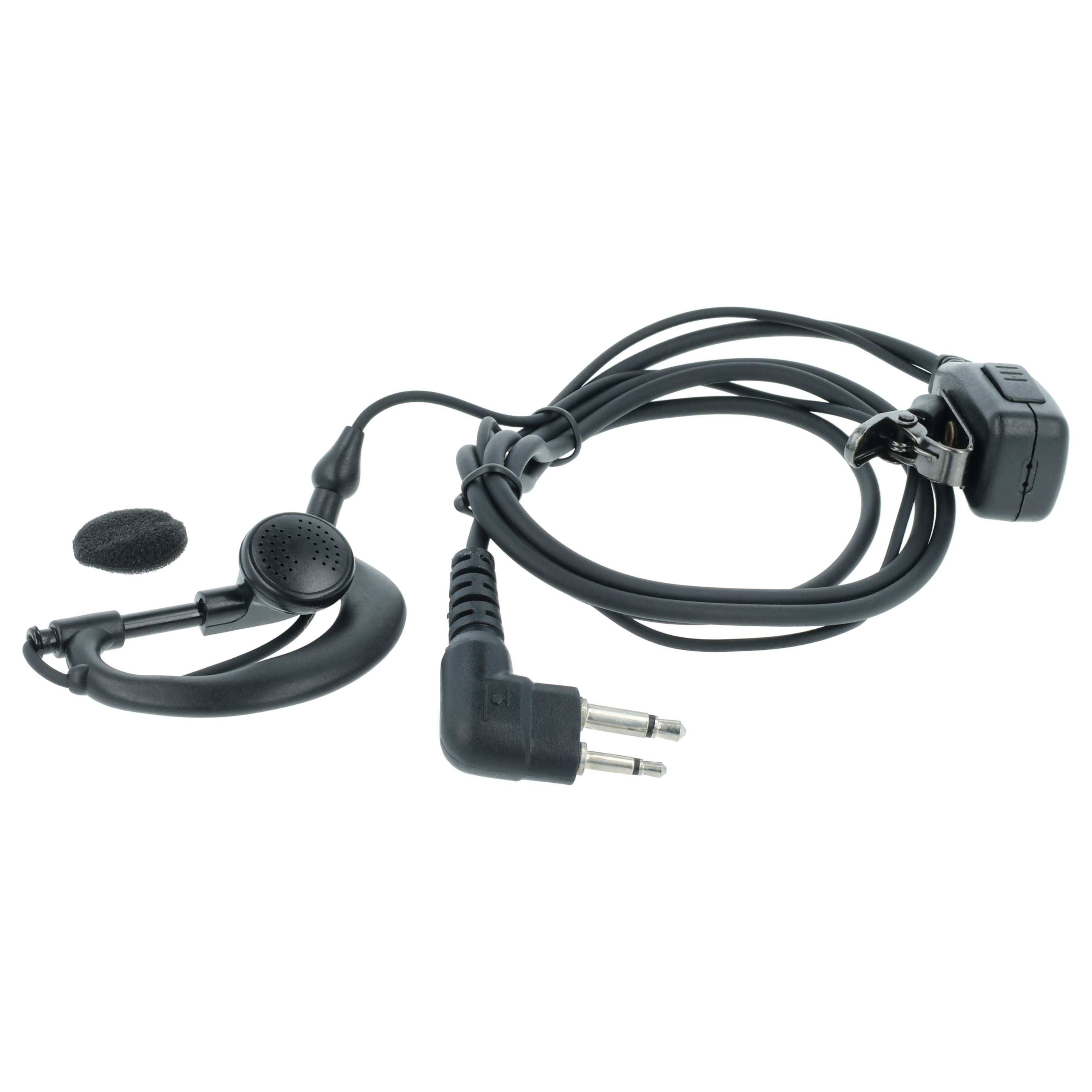 Ein schwarzes Headset mit Ohrhörer, Mikrofon und doppeltem Stecker, häufig für Kommunikationsgeräte oder Funkgeräte verwendet.