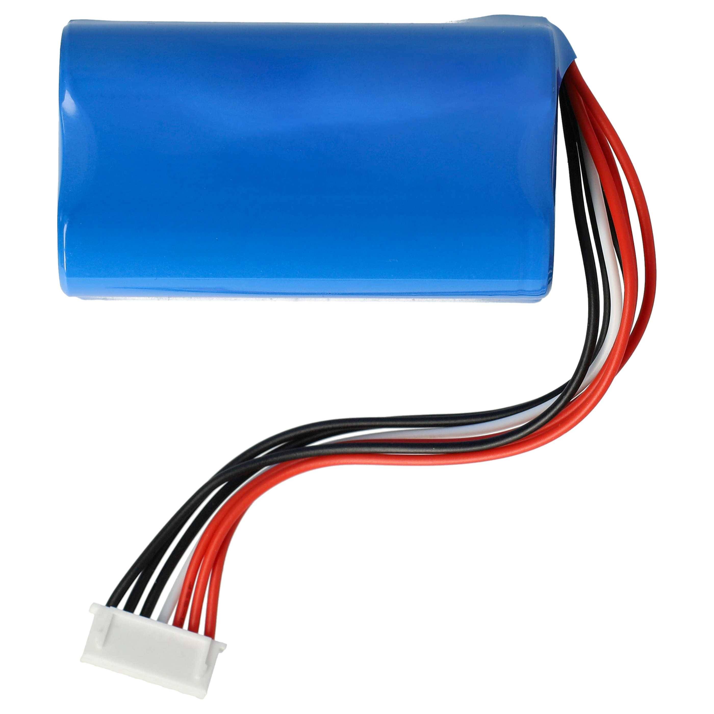 Ein blauer zylindrischer Batteriepack mit einem mehrfarbigen Kabelbaum und einem weißen Stecker, wahrscheinlich für elektronische Geräte bestimmt.
