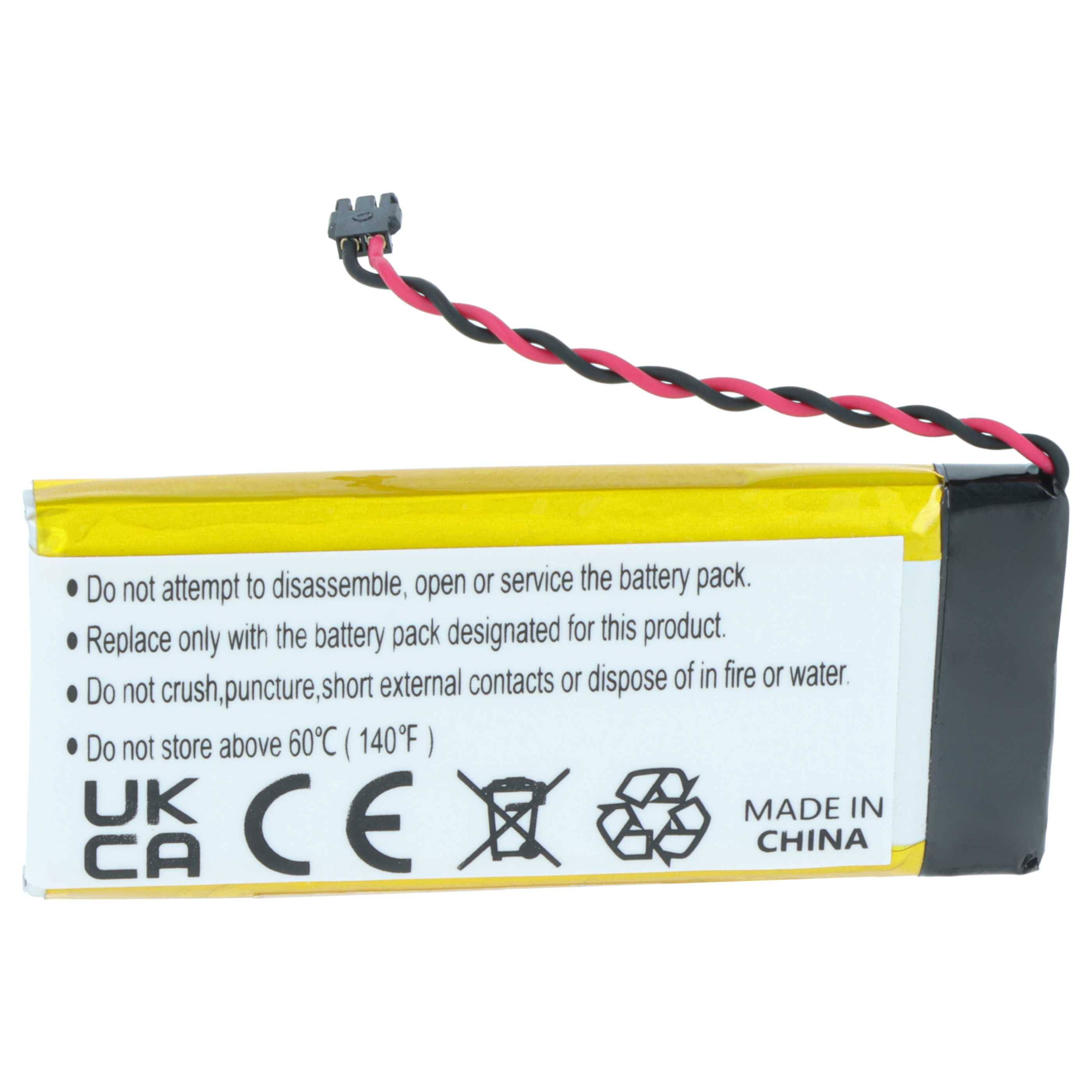 Kleines Batteriepaket mit Warntext: „Nicht auseinandernehmen, öffnen oder warten. Nur durch vorgesehene Batterie ersetzen. Nicht quetschen oder durchstechen.