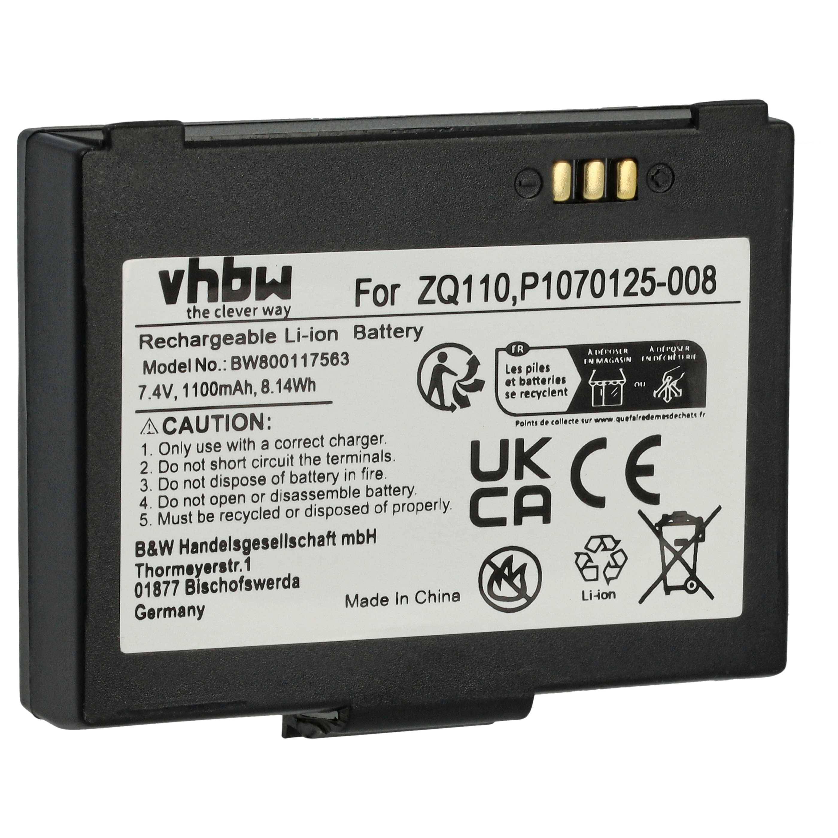 vhbw Akku Ersatz für Zebra P1070125-008, P1071565, P1071566, P1077747 für Barcodescanner POS (1100mAh, 7,4V, Li-Ion)