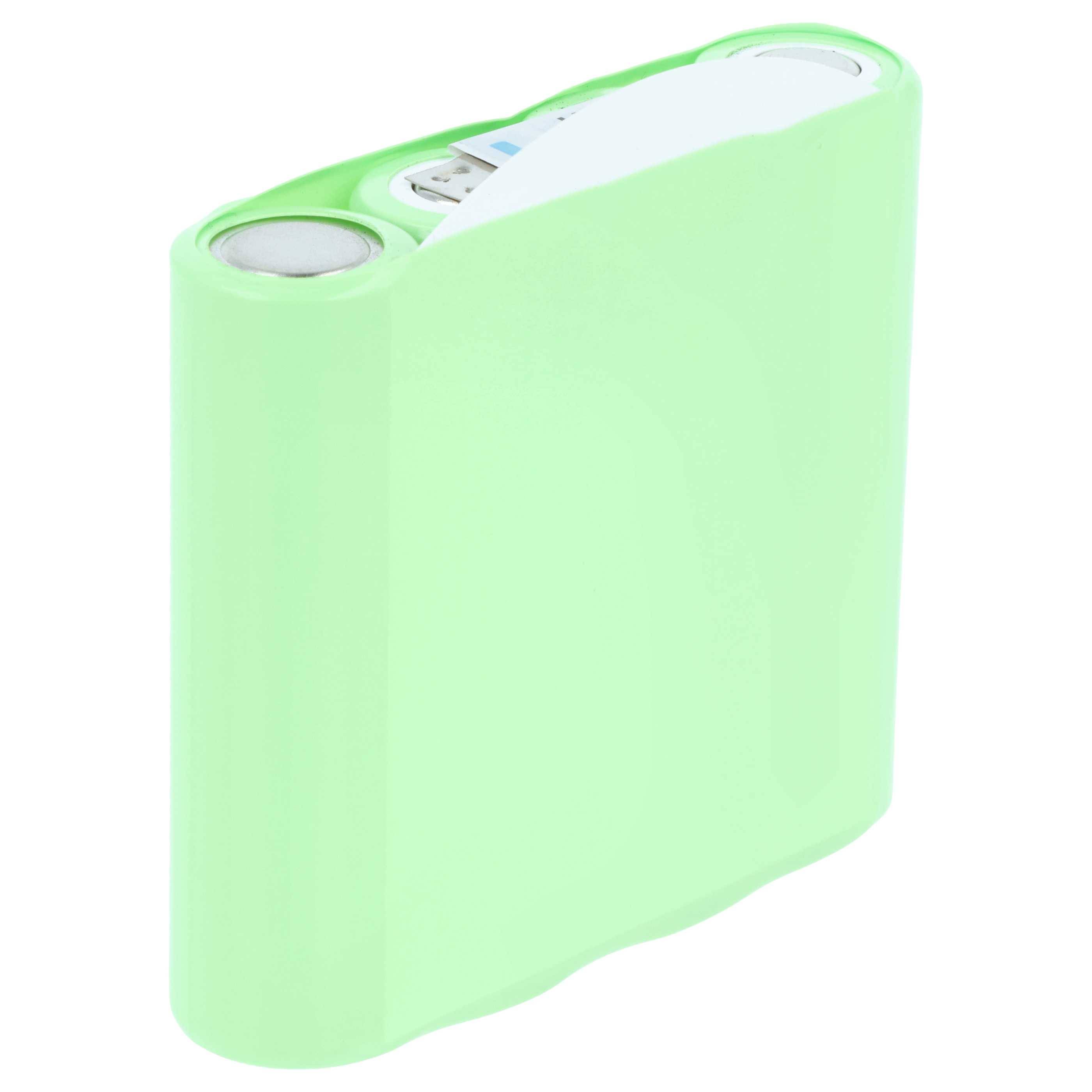 Tragbares Mint-grünes Powerbank mit oberem USB-Anschluss und Knopf, abgebildet auf weißem Hintergrund.