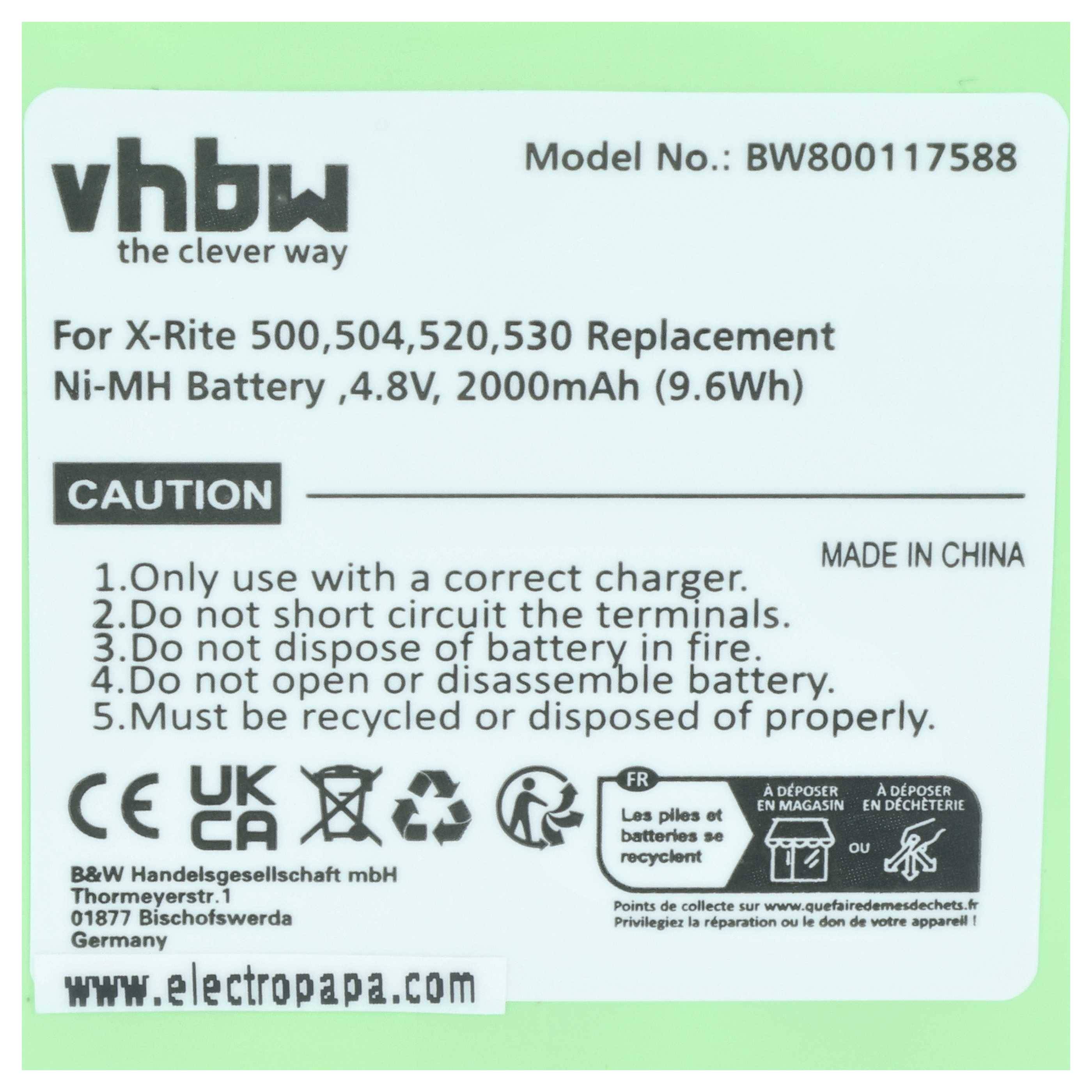 vhbw 1x Akku kompatibel mit X-Rite 528, 530, 500, 508, 504, 520, 518 Messgerät (2000 mAh, 4,8 V, NiMH)
