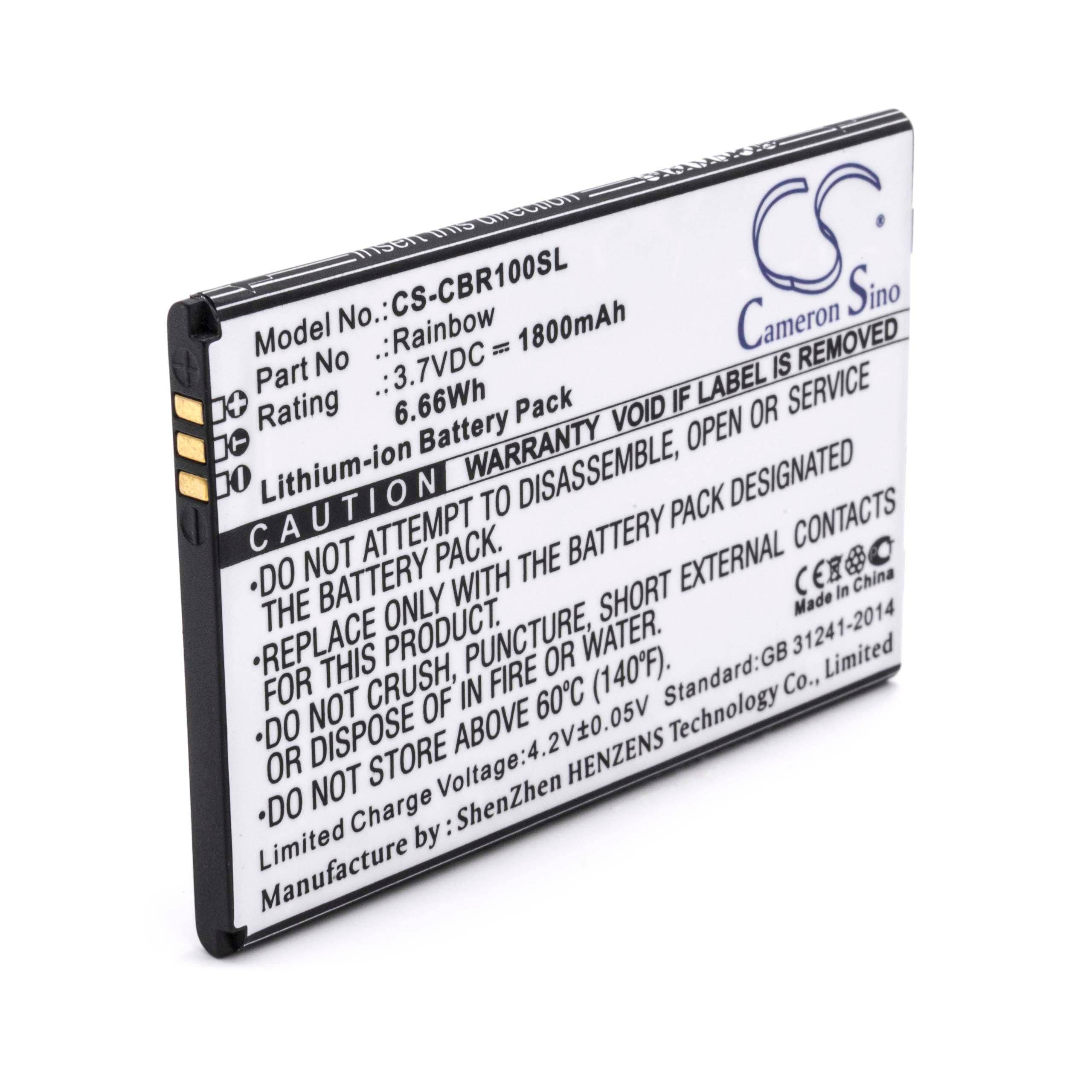 Ersatzbatterie für Rainbow, 3,7V, 1800mAh, Lithium-Ionen. Enthält Vorsichtshinweise zur sachgemäßen Handhabung, um Beschädigungen zu vermeiden.