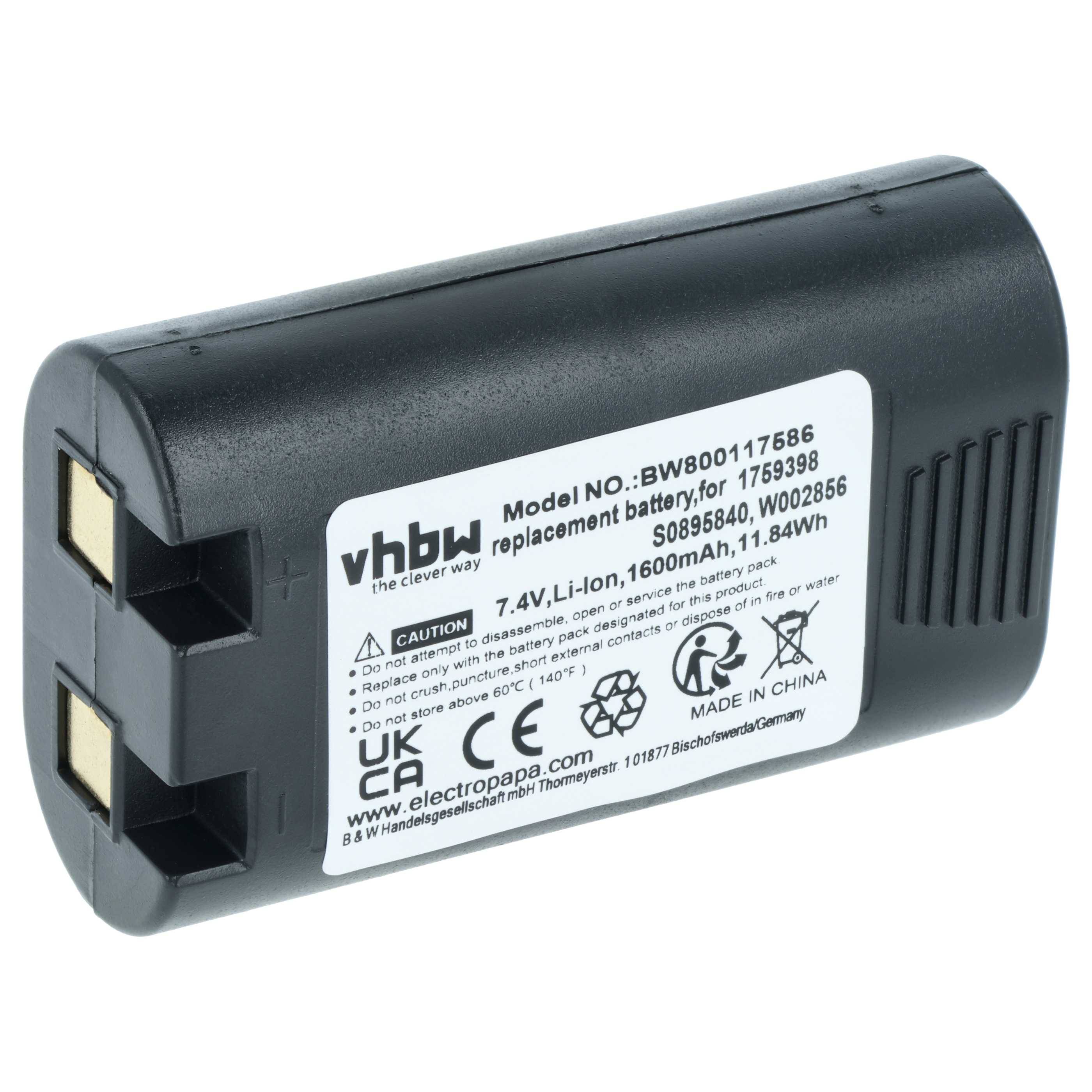 vhbw Akku Ersatz für Dymo S0895840, W002856, 1759398 für Drucker Kopierer Scanner Etiketten-Drucker (1600mAh, 7,4V, Li-Ion)
