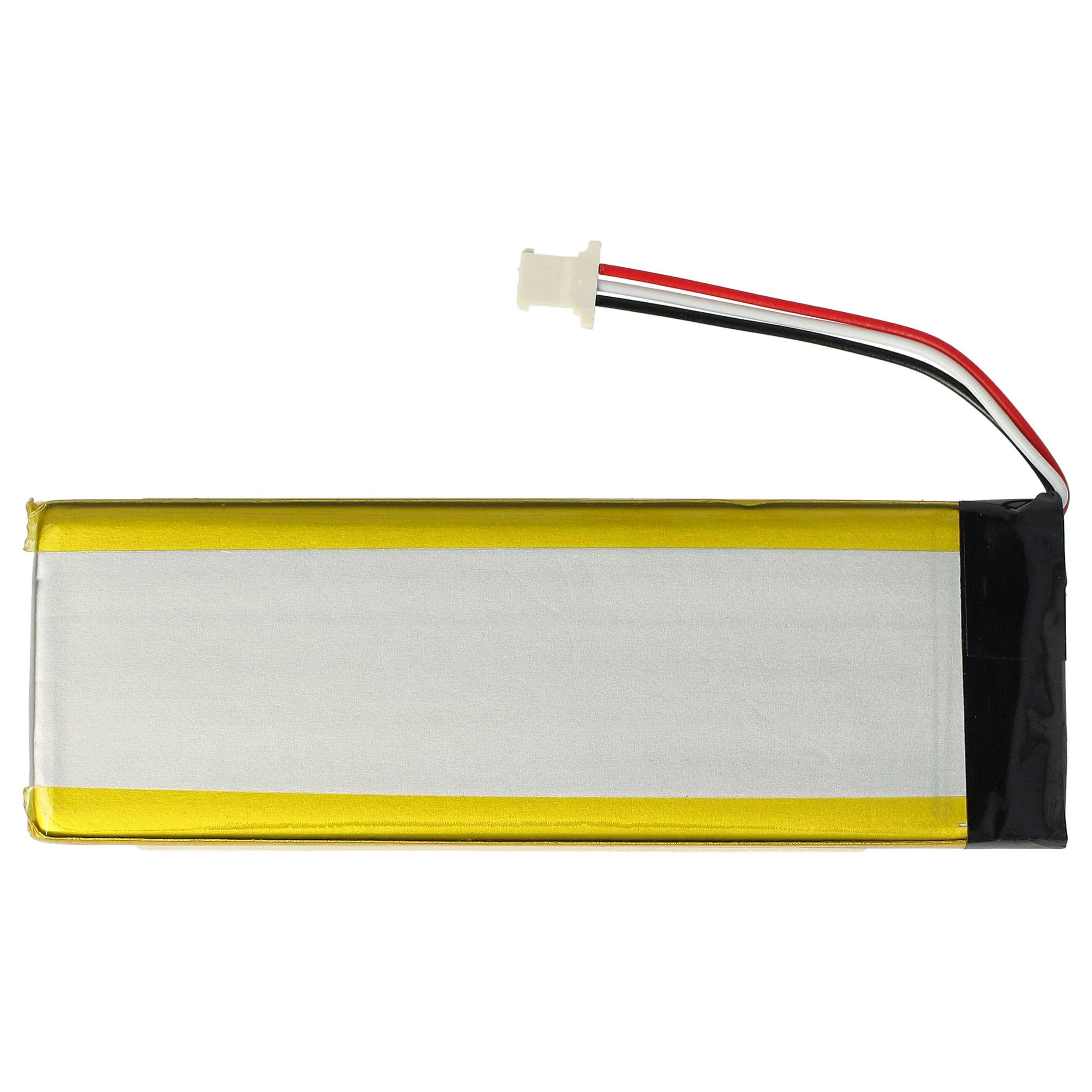 Eine rechteckige Lithium-Polymer-Batterie mit gelben Klebebandkanten und roten, schwarzen und weißen Anschlussdrähten an einem Ende.