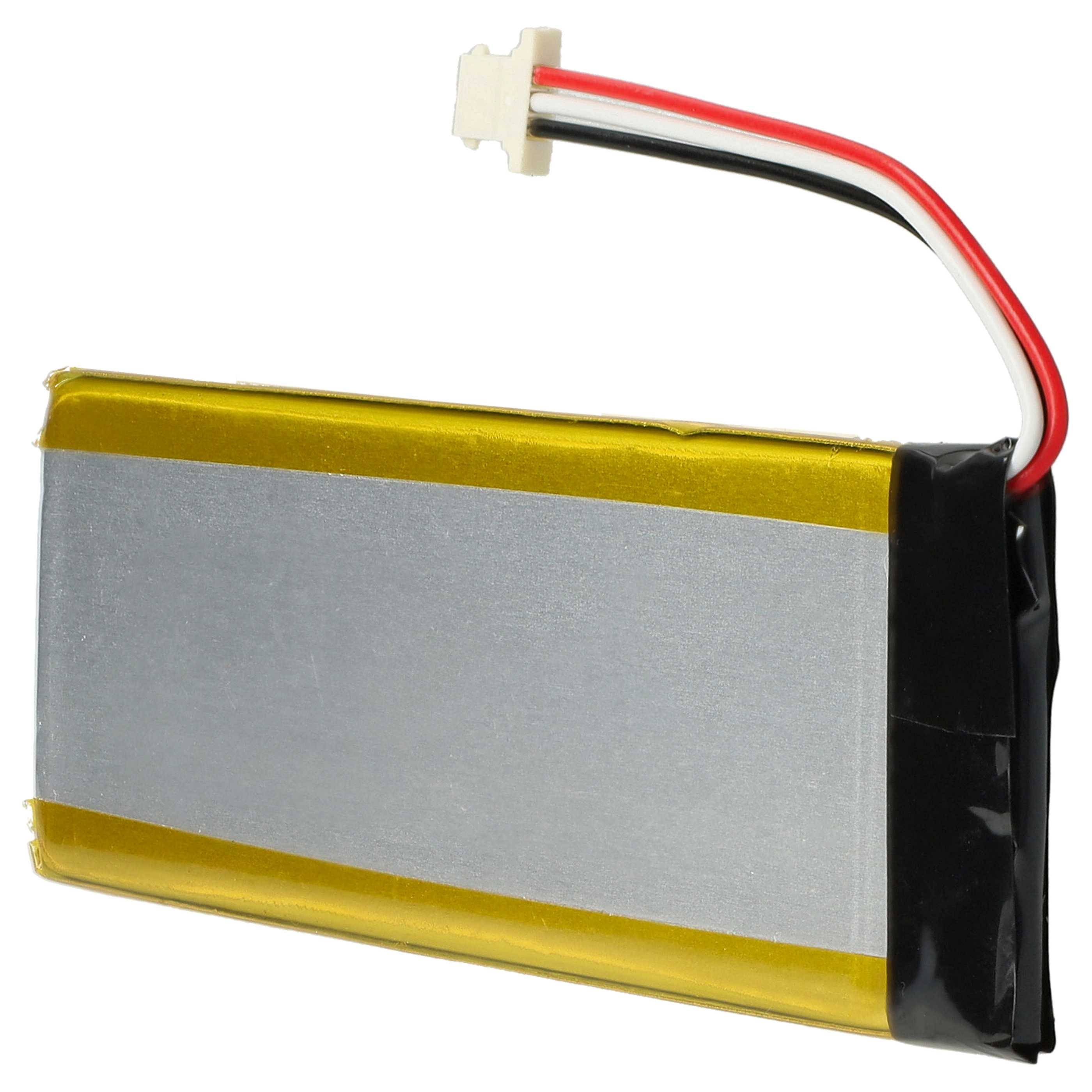 Ein rechteckiger Lithium-Polymer-Akku mit einer gelben Lasche an einem Ende und drei farbigen Drähten (rot, schwarz, weiß), die vom anderen Ende abgehen.