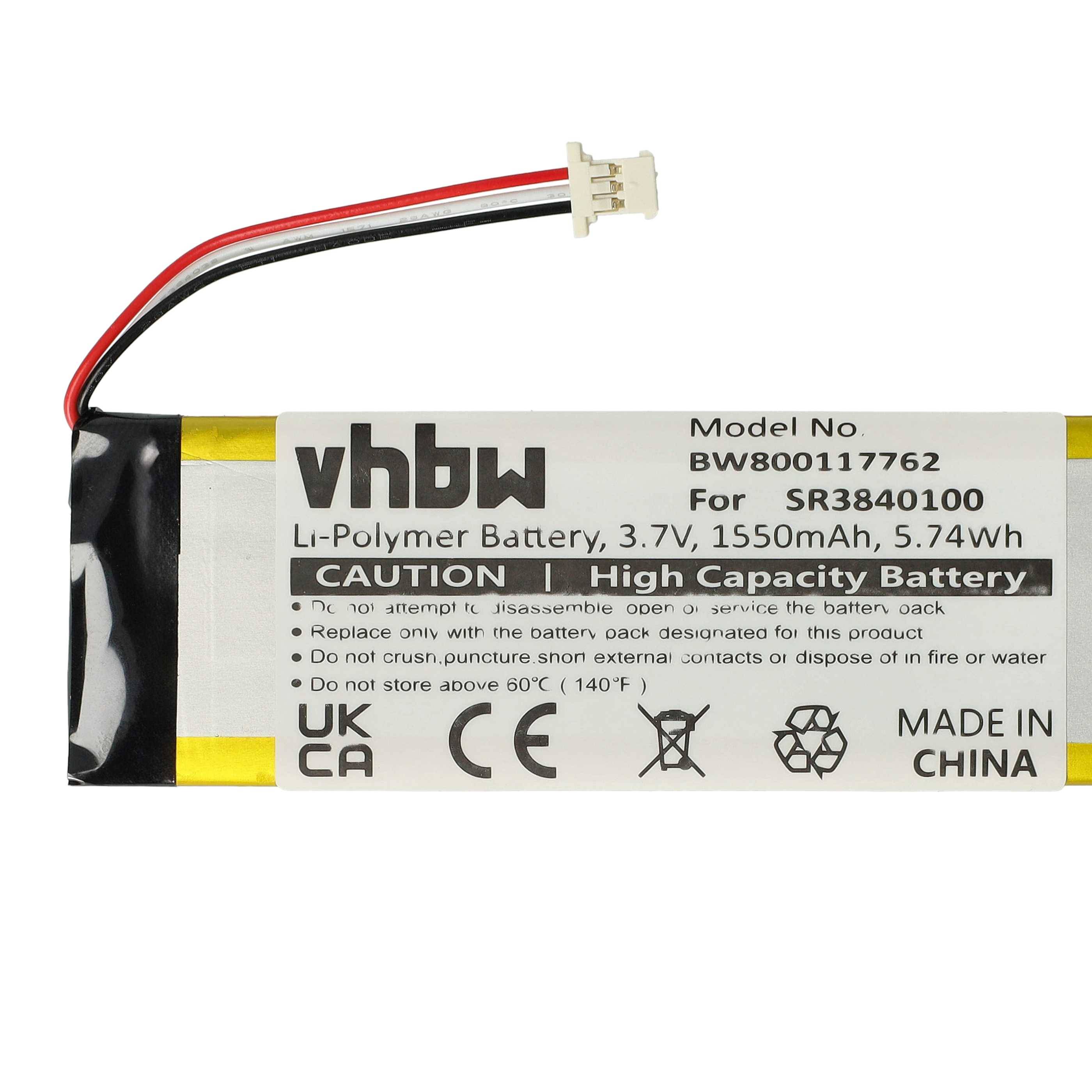 Lithium-Polymer-Akku, 3,7V, 1550mAh, 5,74Wh, gekennzeichnet mit „vhbw Battery
