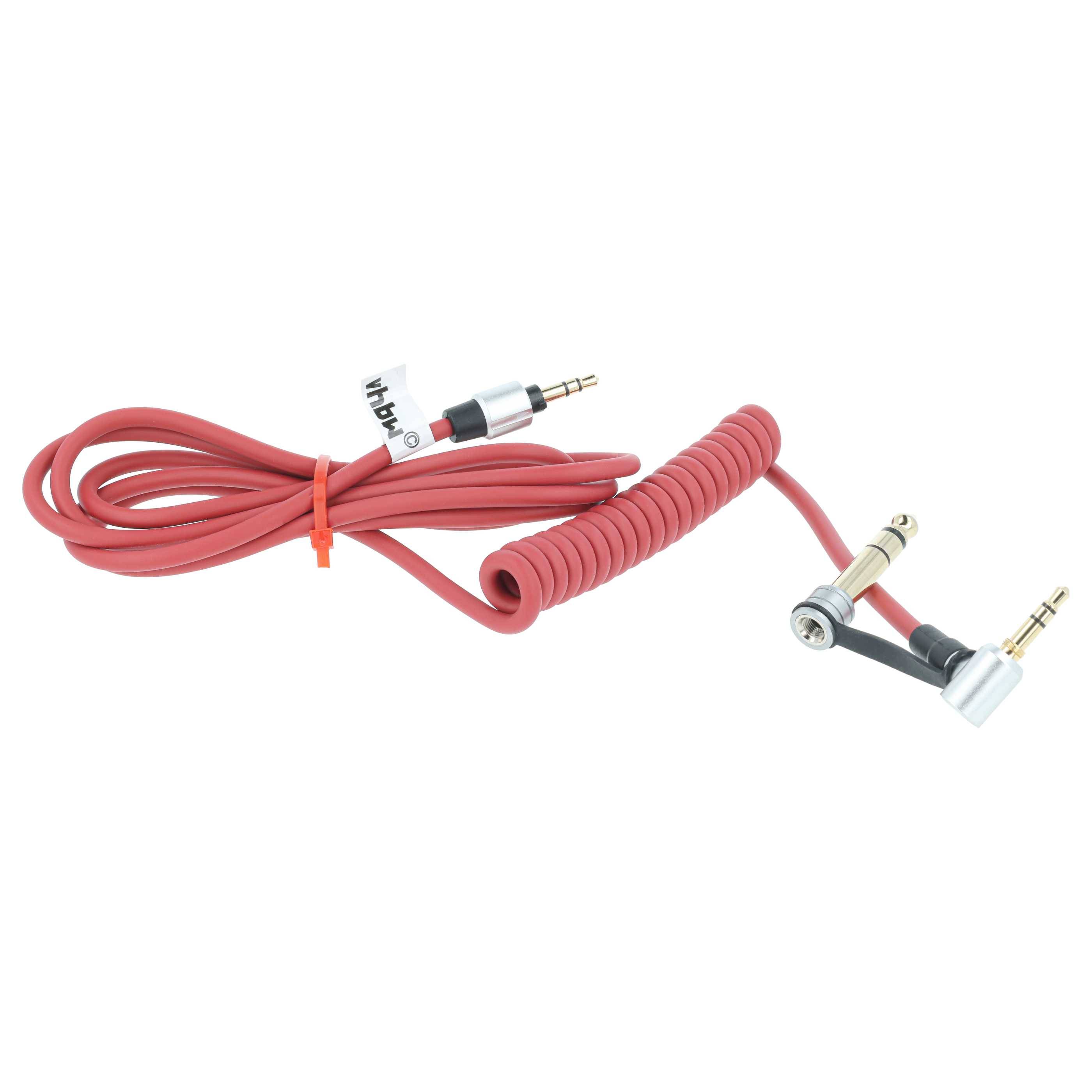 Rotes spiralförmiges Audiokabel mit 3,5-mm-Stecker und Adapter, dargestellt auf weißem Hintergrund.